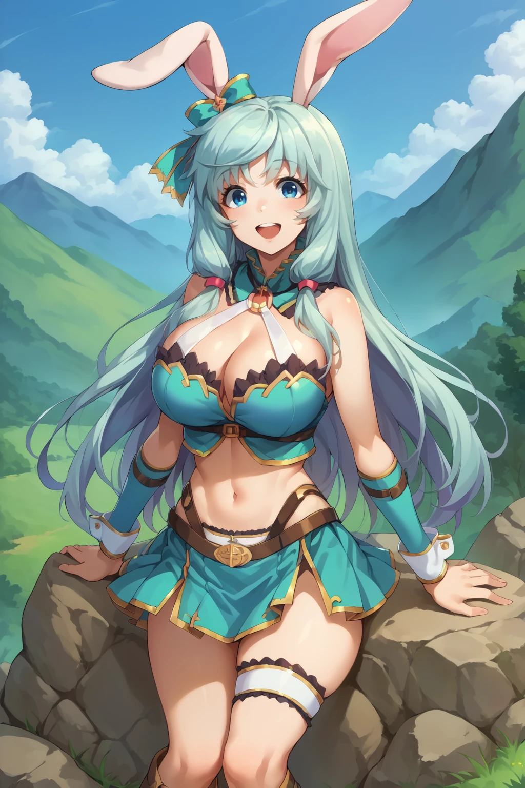 score_9, score_8_up, score_7_up, source_anime, cowboy shot, looking at viewer, smile, open mouth, shea haulia, large breasts, very long hair, hair bow, crop top, cleavage, midriff, pleated skirt, thigh strap, knee boots, wrist cuffs, outdoors, hill, rock, <lora:Hoseki_Arifureta_SheaHaulia_PDXL_v1:1>