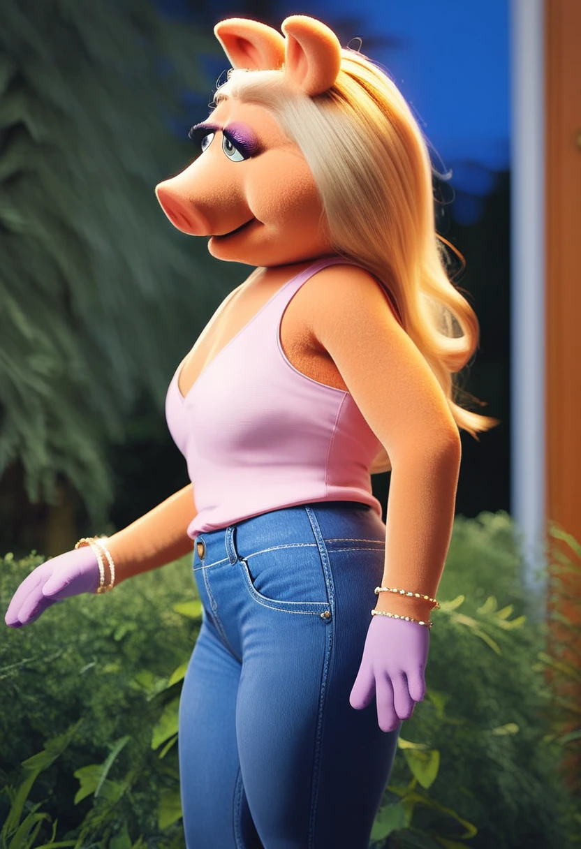 score_9, score_8_up, score_7_up, score_6_up, score_5_up, score_5_up,

safe, rating_safe, 


solo, furry, female, miss piggy, female, pig,

mostly nude,

,

smug, confident,

female, mature female, small breasts, curvy figure, hourglass figure
, 

genital focus, featureless crotch, pants, tight clothes
,
side view, side, from side,


bedroom, night,