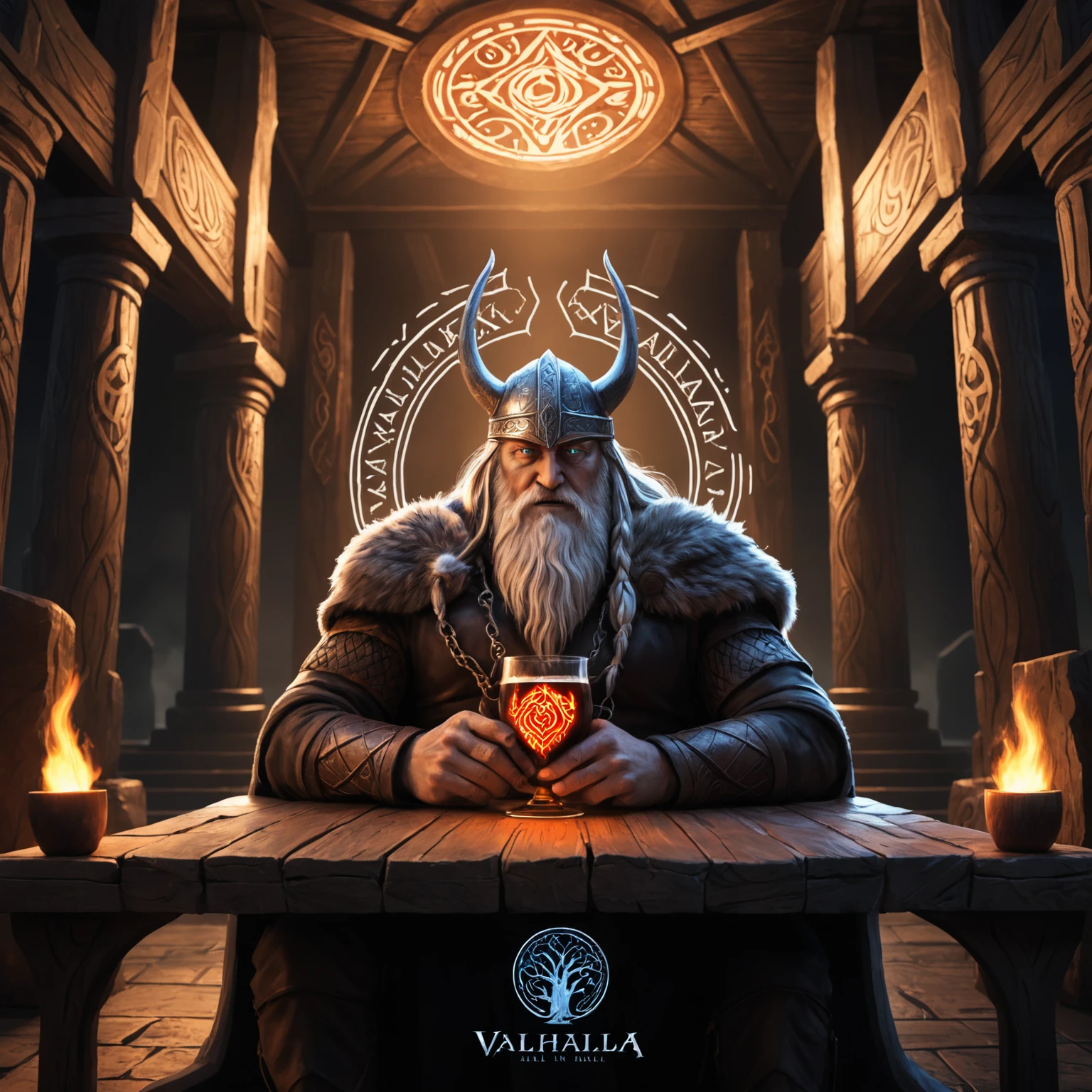 Epic artwork vector logo ,insane details odin in valhalla hall,vikings drinking met, yggdrasil, glowing runes,, valhalla,( text:"valhalla")