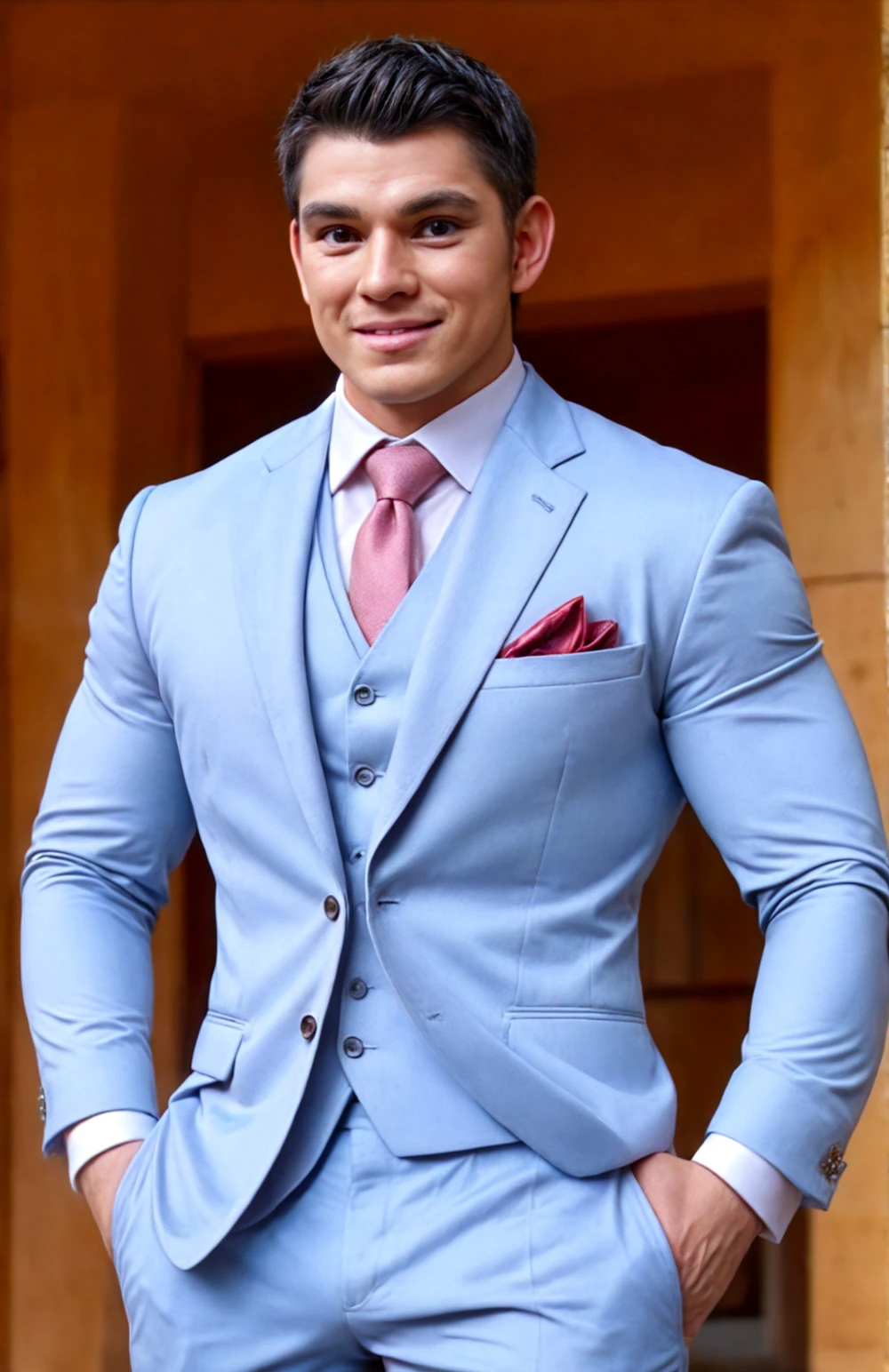 (face focus). <lora:BulkedUpAIR1.5:0.05>, (masculine:1.4), at outdoor sunny wedding, ((muscular man wearing designer formal suit)), sexy pose:1.0, confident, handsome, (((masterpiece))), (((best quality))), <lora:more_details:0.5>, (hands on waist), male, athletic, looking at viewer, smile, big pecs:1.2, <lora:RichyGActor (1):1>, RichyGActor, Eurasian:0.5