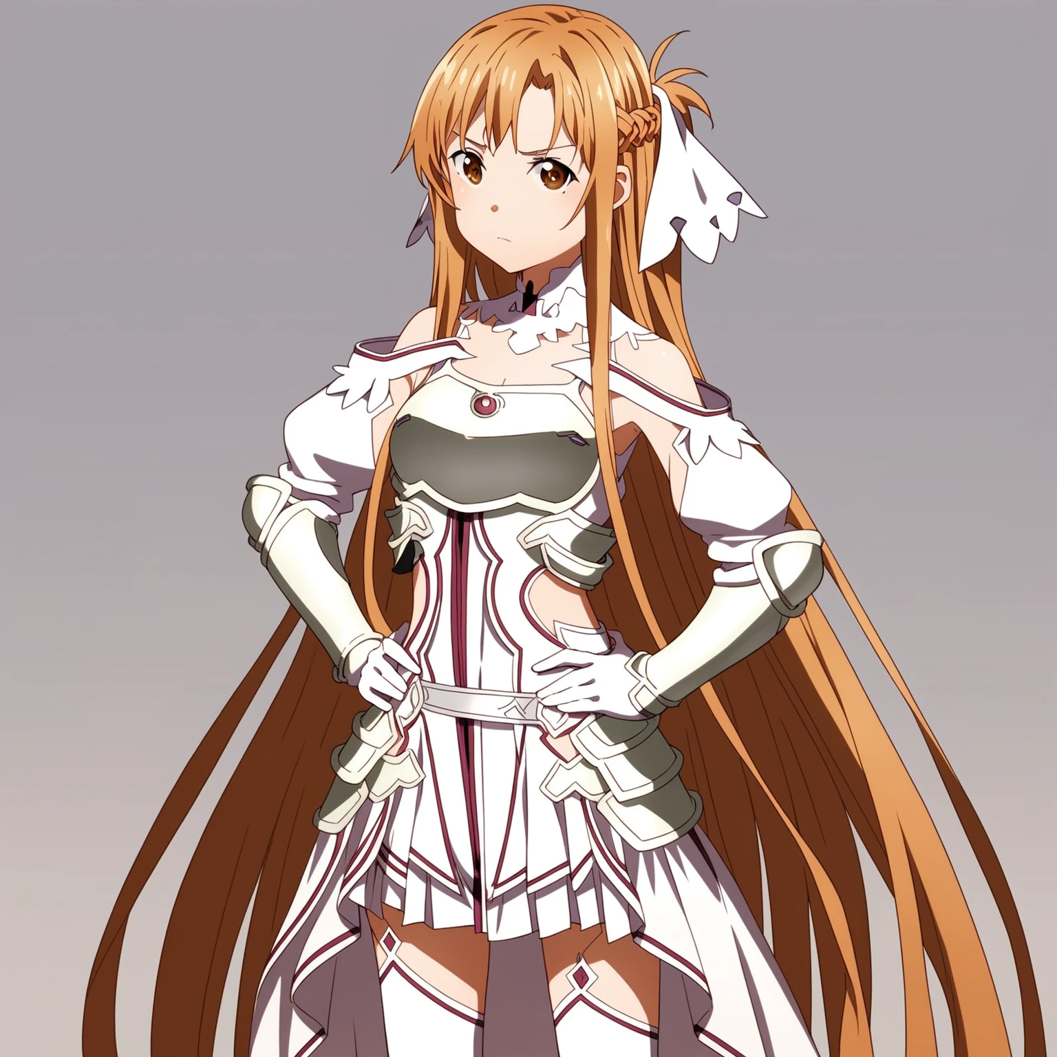 score_9,score_8_up,score_7,soucre_anime,
1girl,
simple background,
<lora:Asuna(Stacia):0.8>,asuna \(sao\),white thighhighs,brown hair,brown eyes,armor,dress,gloves,
hands on own hips,
standing,