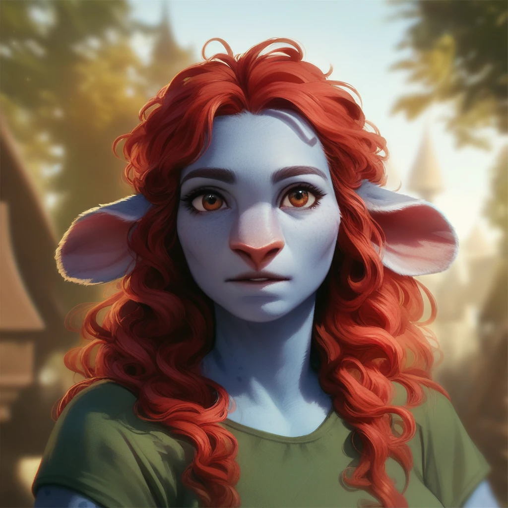 (((beautiful, high quality))), score_9, score_8_up, score_7_up, Firbolg, furry, big nose, big nose, animal ears, 1girl, blue skin, red hair, brown eyes, green T-shirt,fantasy background, blurred background,