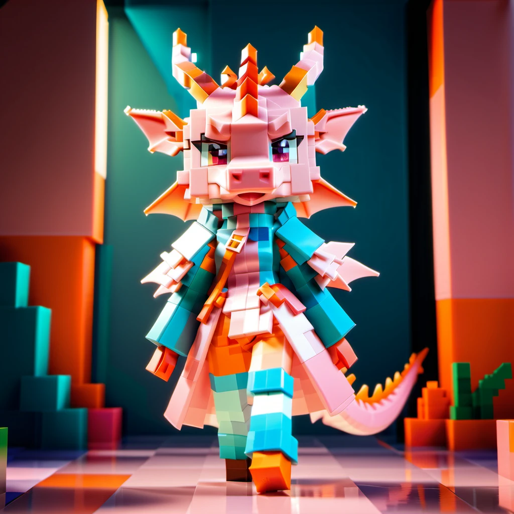 three-quarter view, only one character, (magnificent face:1.4), cute pink dragon wearing an unexpected designer outfit, soft-hued colors, pink dragon head, cartoon 3D background, <lora:3Dlowanimals:1.0>, (Blocky:1.4), pixelated, vibrant colors, 2 legs