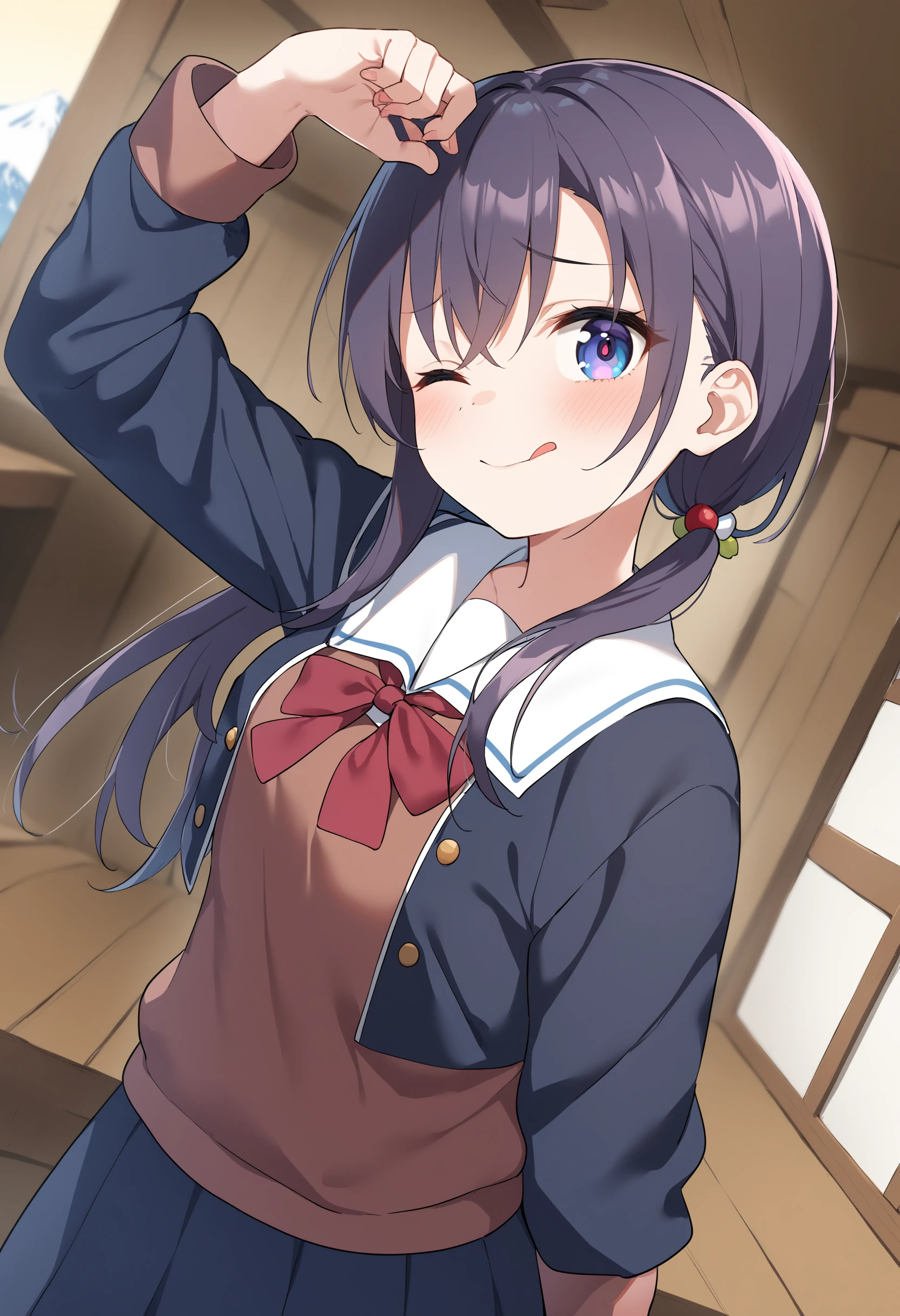1girl,sincos, ningen mame, toosaka asagi,solo,medium breasts,school uniform,
tehepero, dojikko pose, <lora:tehepero_XL_v1:0.7>
tongue out, one eye closed, arm up, hand up,
dutch angle, fisheye lens, looking to the side, purple hair, pink eyes,anger vein, mountain hut, low ponytail hair,,
best quality, very aesthetic, absurdres,