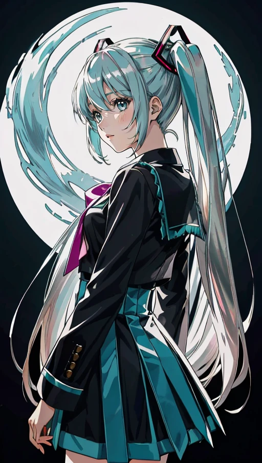 (best quality, masterpiece, highres:1.2), (Hatsune Miku), very long turquoise pigtails and a school uniform-like outfit. She has teal eyes and very long pigtails held with black and red square-shaped ribbons that have become a signature of her design, (ultra-detailed body), moonlight passing through hair, (silver lake background:1.3), (intricate details)