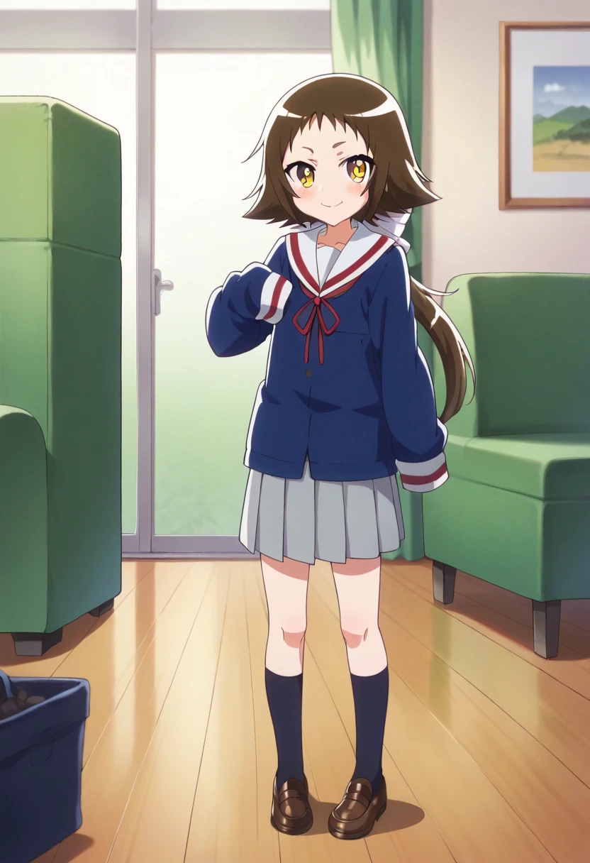 score_9, score_8_up, score_7_up, score_6_up, score_5_up, score_4_up , anime coloring ,BREAK source_anime, anime,
mashiro, long hair, blush, skirt, brown hair, long sleeves, sleeves past hands, ribbon, school uniform, yellow eyes, ponytail, pleated skirt, shoes, brown shoes, <lora:PonyXL Mashio V1:1>
looking at viewer, full body, smile,
indoors, living room,