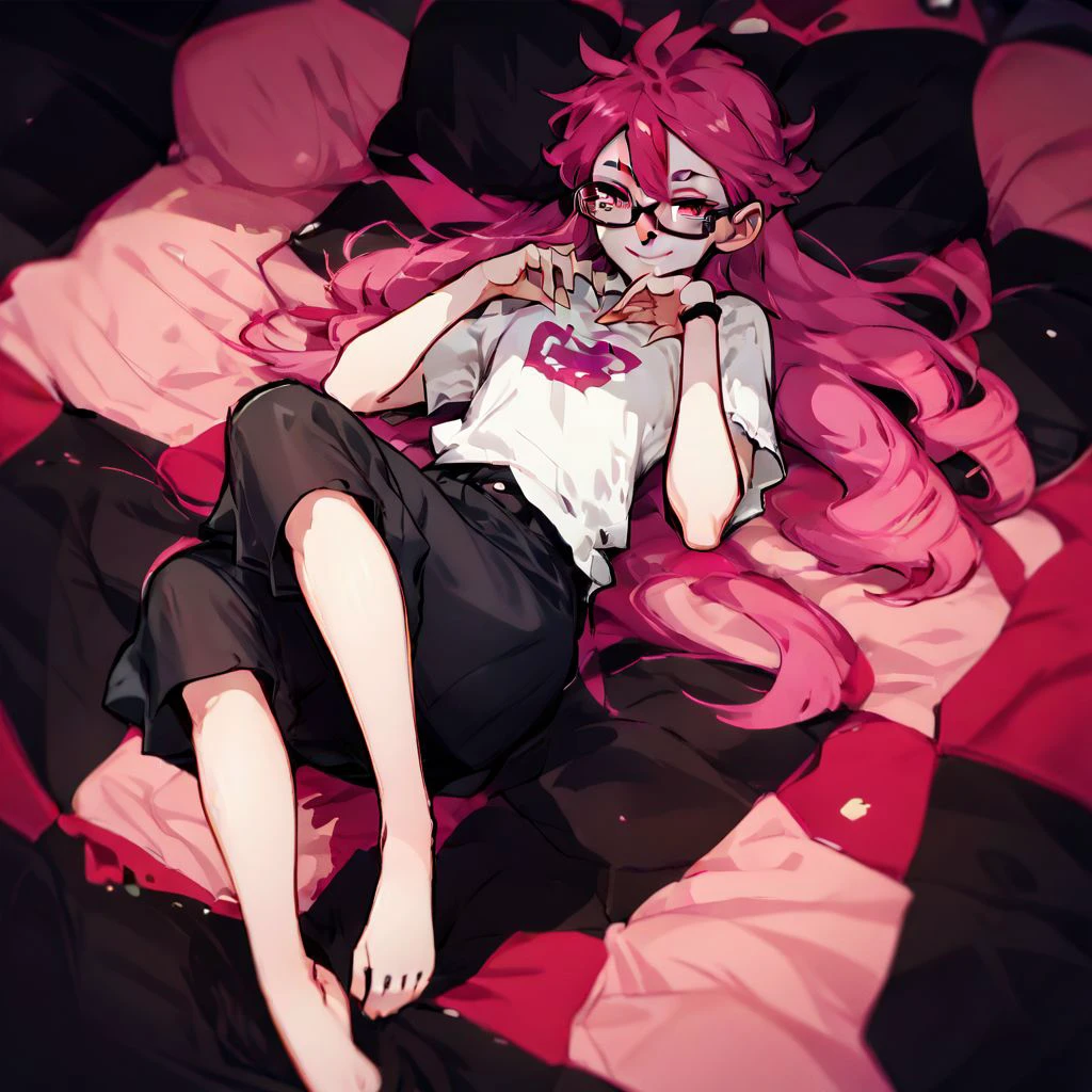 score_9,score_8_up,score_7_up,score_6_up,score_5_up,score_4_up, solo , 1girl, long hair, pink hair, glasses, Checkered background, lying, smile, ,