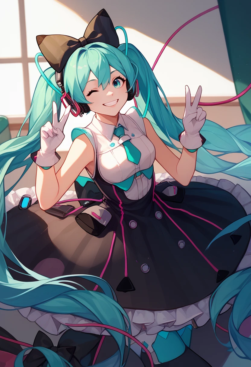 score_9, score_8_up, score_7_up, solo, 1girl, magicalmiku2016, grin, looking at viewer, peace sign, twintails, hair bow, black bow, headphones, one eye closed, white gloves, frills, black dress, sleeveless dress, white shirt, short necktie, aqua necktie, thighhighs, cable, bare shoulders, indoors <lora:vocaloid_magicalmiraimiku2016_ponyXL:1>