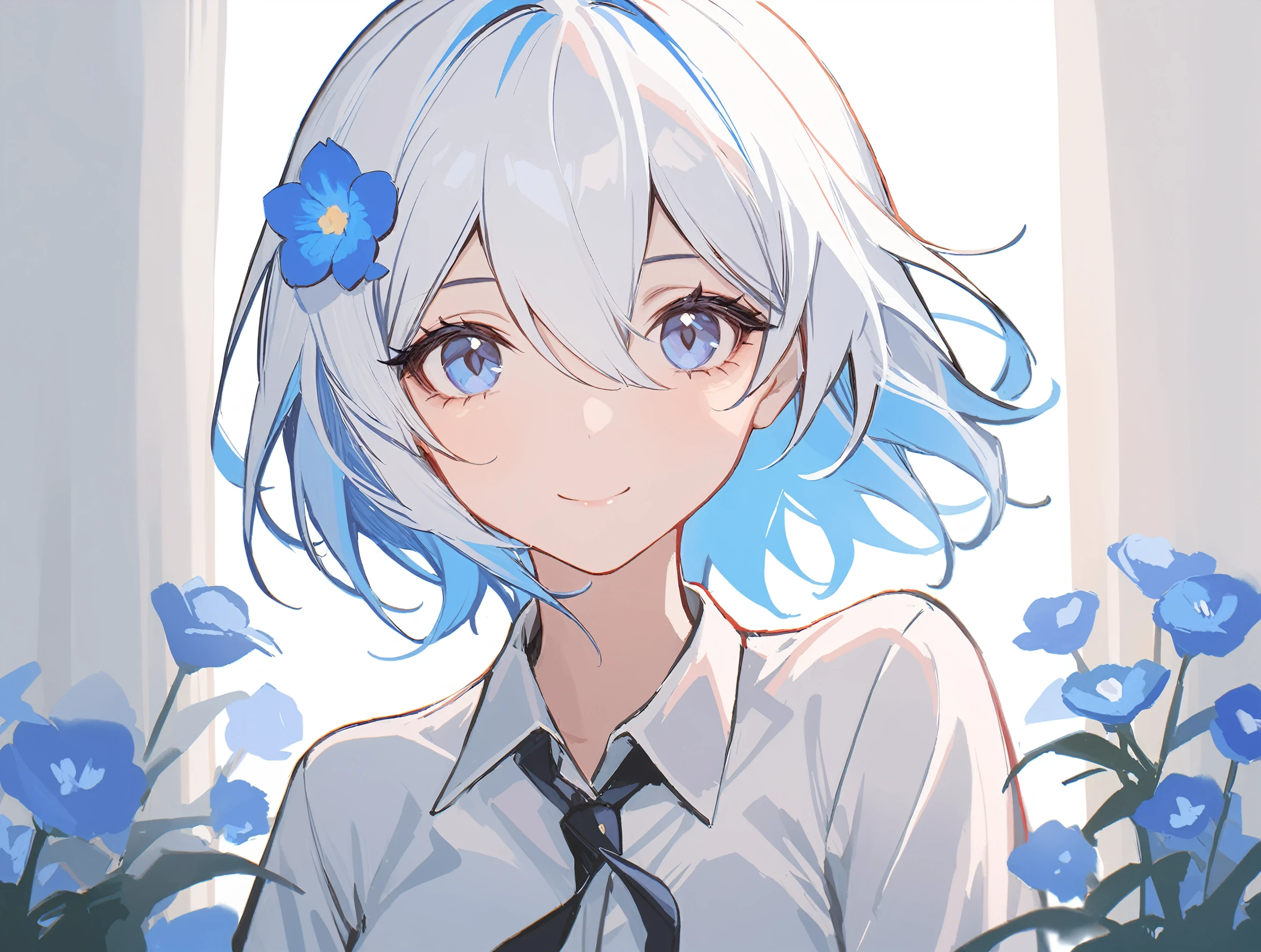 1girl,
solo, blue hair, upper body, wing collar, white shirt, simple background, gradient hair, looking at viewer, blue eyes, dress shirt, white background, hair between eyes, white hair, closed mouth, blue flower, smile, multicolored hair, short hair, flower, shirt, hair flower, collared shirt,
masterpiece, best quality, safe
<lora:mki-ani31-yutou-v3-000120:1>