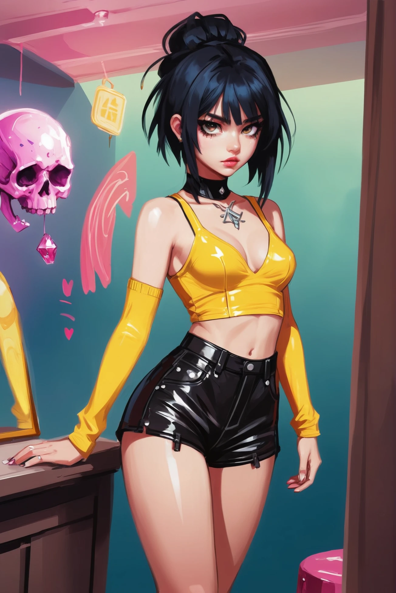 rough digital painting, sketch, anime style, Crystal Scrying Room \(room\),1girl, woman, pastel punk girl, cute, sexy costume design,punk hair, pvc shorts, bombshell hair, black hair, half updo, palegoldenrod clothes, slim, atheletic figure, narrow waist, medium breasts, caucasian<lora:EnvyStarlightAnimeDigitalPainting02:1>