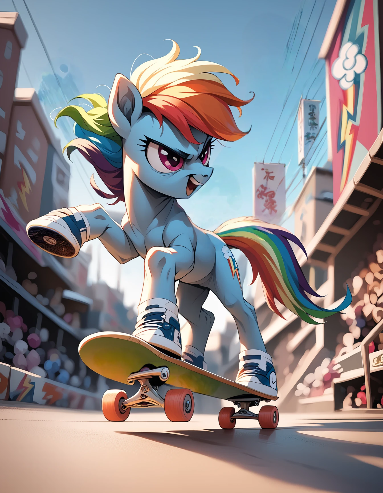 score_9, score_8_up, score_7_up, score_6_up, score_5_up, score_4_up,  
(skateboard:1.2),pony as a skater, full body, rainbow dash,standing, outside, 