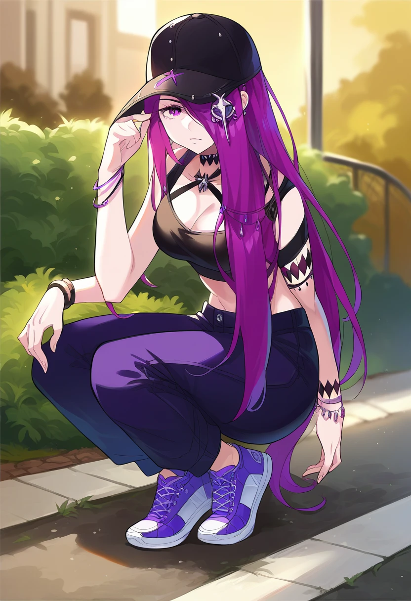 score_9, score_6_up, source_anime,  <lora:SekhmetR0Lora-XL-V1:1>,  SekhmetR0, 1girl, hat, sneakers, shoes, baseball cap, pants, bracelet, jewelry, purple hair, looking at viewer, breasts, hair over one eye, choker, crop top, purple eyes, midriff, squatting