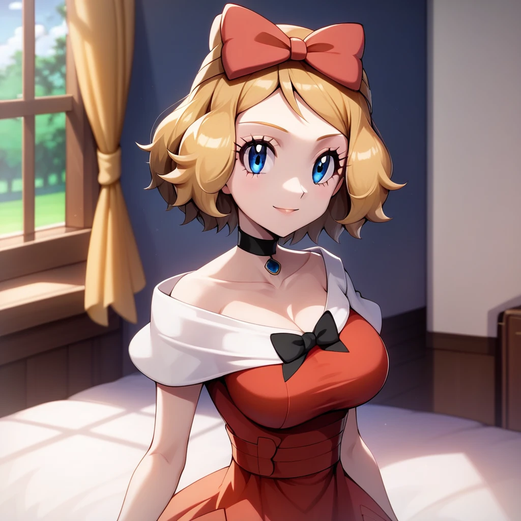 masterpiece, best quality, 1girl,serena \(pokemon\), short hair, blonde hair, blue eyes, eyelashes, black choker, hair bow, dress, collarbone, large breasts, smile, looking at viewer, solo, indoors, bedroom background