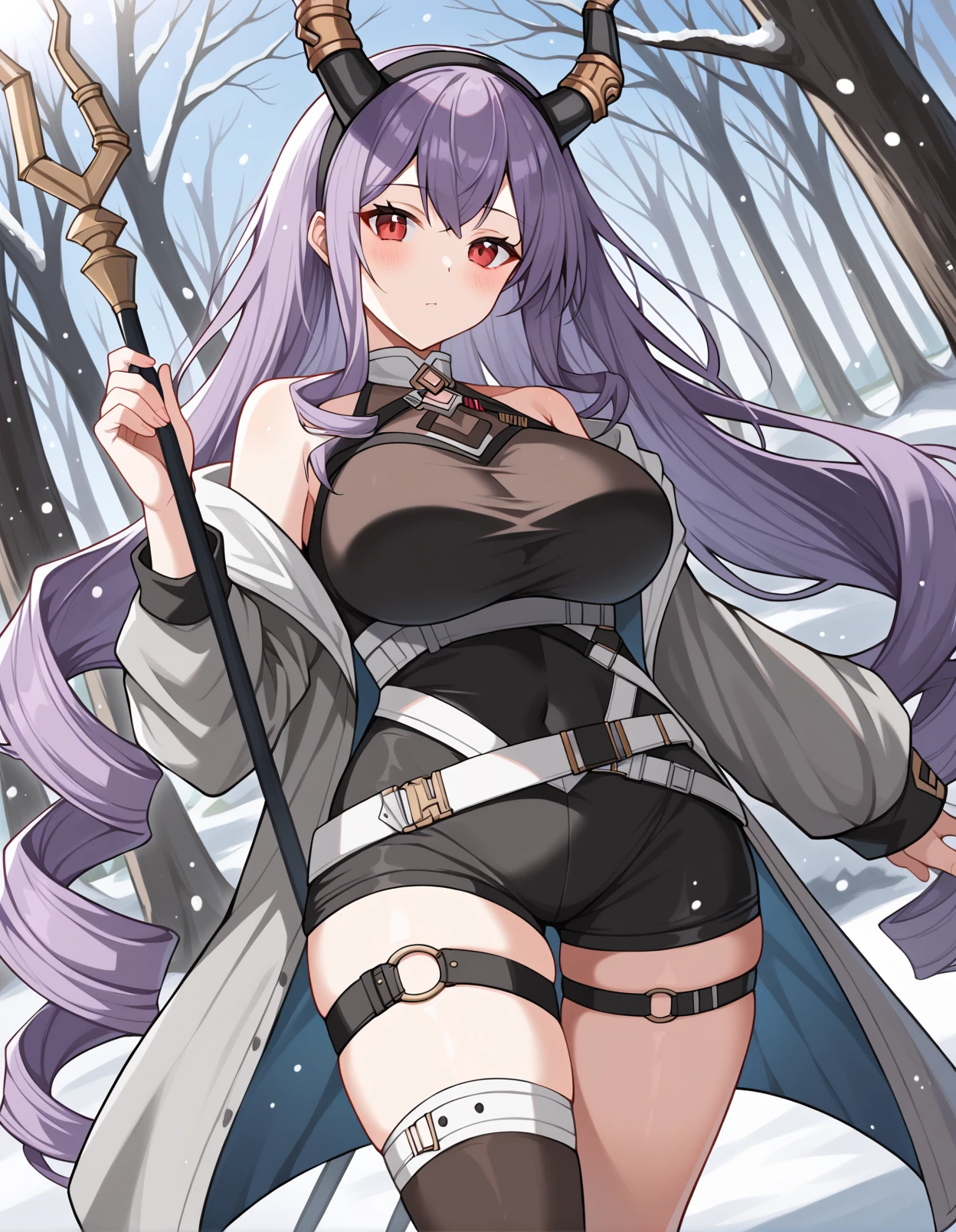 score_9, score_8_up, score_7_up, source_anime, rating_safe, BREAK <lora:arkTyphonXL_LoRA-C3Lier_AdamW_Dim16_Alpha16_UN-3e-4_TE-1.5e-4_10batch_ponyDiffusionV6XL_v6StartWithThisOne:1>, typhon \(arknights\), 1girl, long hair, very long hair, purple hair, sidelocks, drill hair, ltwin drills, arge breasts, red eyes, black hairband, horns, open coat, grey coat, open clothes, long sleeves, sleeveless shirt, black shirt, clothing cutout, bare shoulders, belt, buckle, covered navel, black leotard, black shorts, thigh strap, thigh belt, asymmetrical legwear, single thighhigh, black thighhighs, dutch angle, expressionless, blush, holding weapon, holding polearm, spear, floating hair, floating, looking at viewer, facing viewer, light particles, light rays, aura, wind, glowing butterfly, snow, snowing, forest, mountainous horizon