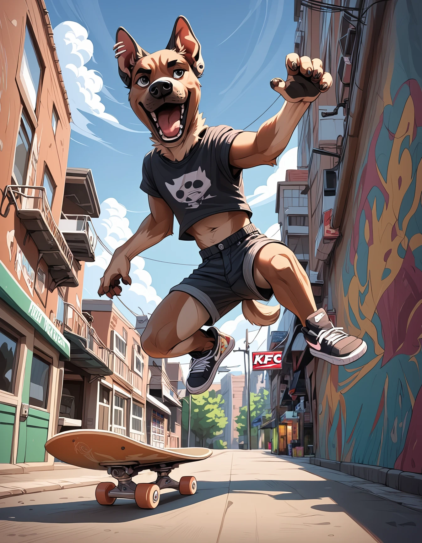 score_9, score_8_up, score_7_up, score_6_up, score_5_up, score_4_up,  
(skateboard:1.2),(dog:1.15),brown fur with black ears, full body,wearing a punk outfit, demin shorts, (hoody:1.1),standing, outside,(kickflip:1.1), skatepark,(jumping:1.15), airtime, (dynamic pose:1.2),