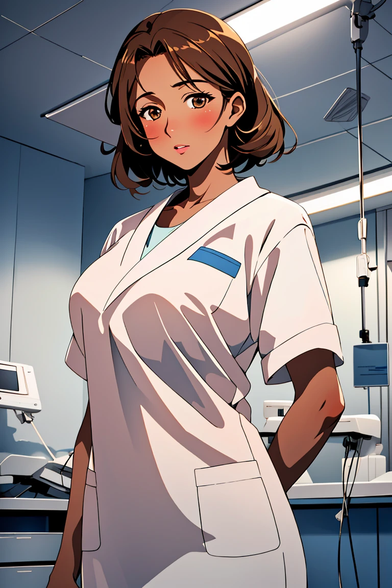 (RAW photo, best quality), operating room, overhead surgical light,blurred background, focused, dithering,backlighting,
 <lora:Reachel _Skalmon_V1.0-000005:0.8> reachel skalmon, 1girl, solo, mature female,brown hair, brown eyes,