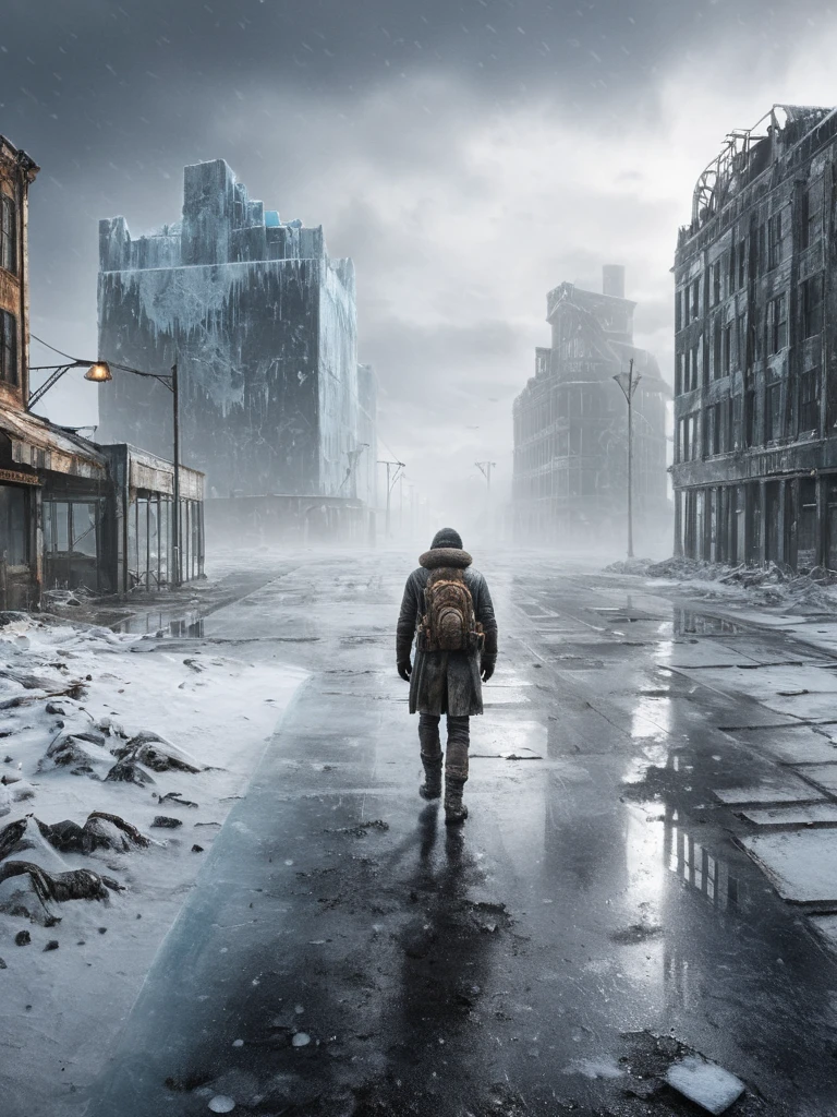 Hyper-realistic, wasteland world, abandoned city of ice and snow, a lonely person walking hard, back, fog, snow, rain and snow, wet ground, masterpiece, masterpiece, realistic, detailed, highest quality