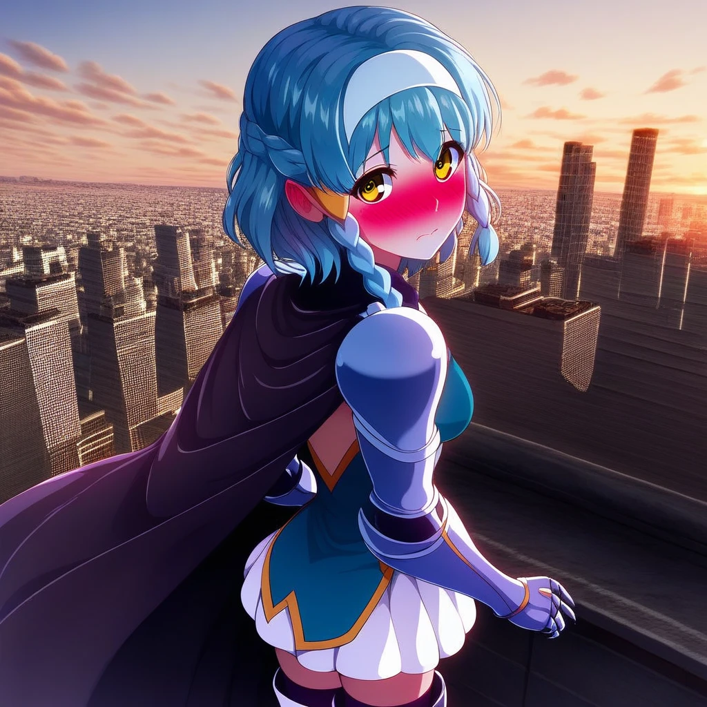 yuki (knight), outdoors, overgrown, gradient, sky, dawn, setting sun, city, on rooftops, city skyline ultra-detailed, 8k, masterpiece world theater, textured skin, beautiful detailed face, beautiful detailed eyes, ambient light, realistic shadows, beautiful detailed pupils, cute, 1 girl (solo:1.3), hairband, short hair, medium breasts, blue hair, yellow eyes, single braid, nose blush, embarrassed, thighhighs, gauntlets, boots, skirt, cloth, cape, cowboy shot, from behind, looking away from viewer, from above