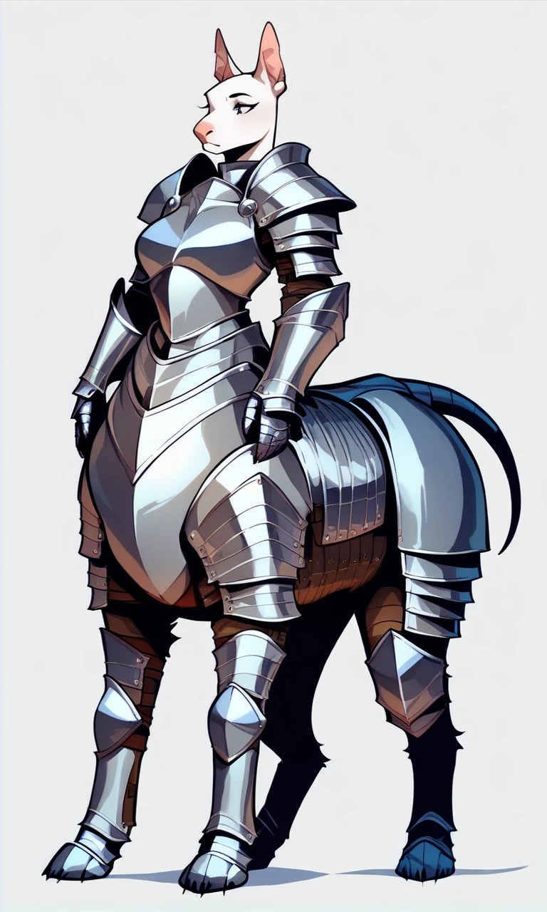 score_9, score_8_up, score_7_up, score_6_up, score_5_up, score_4_up, source_furry rating_safe
2d, solo, 1girl, armored female bull terrier taur with small perky breasts thick thighs and wide hips, furry, taur, quadruped, paws, fur tuft, simple background,
heavily armored, Female_knight, knight, knight_armor, armor, black_armor, dark_armor, heavy_armor, shoulder armor, arm armor, leg armor, armored dress, armored boots,
<lora:ArmoredFur - Taur v1_epoch_10:0.8>