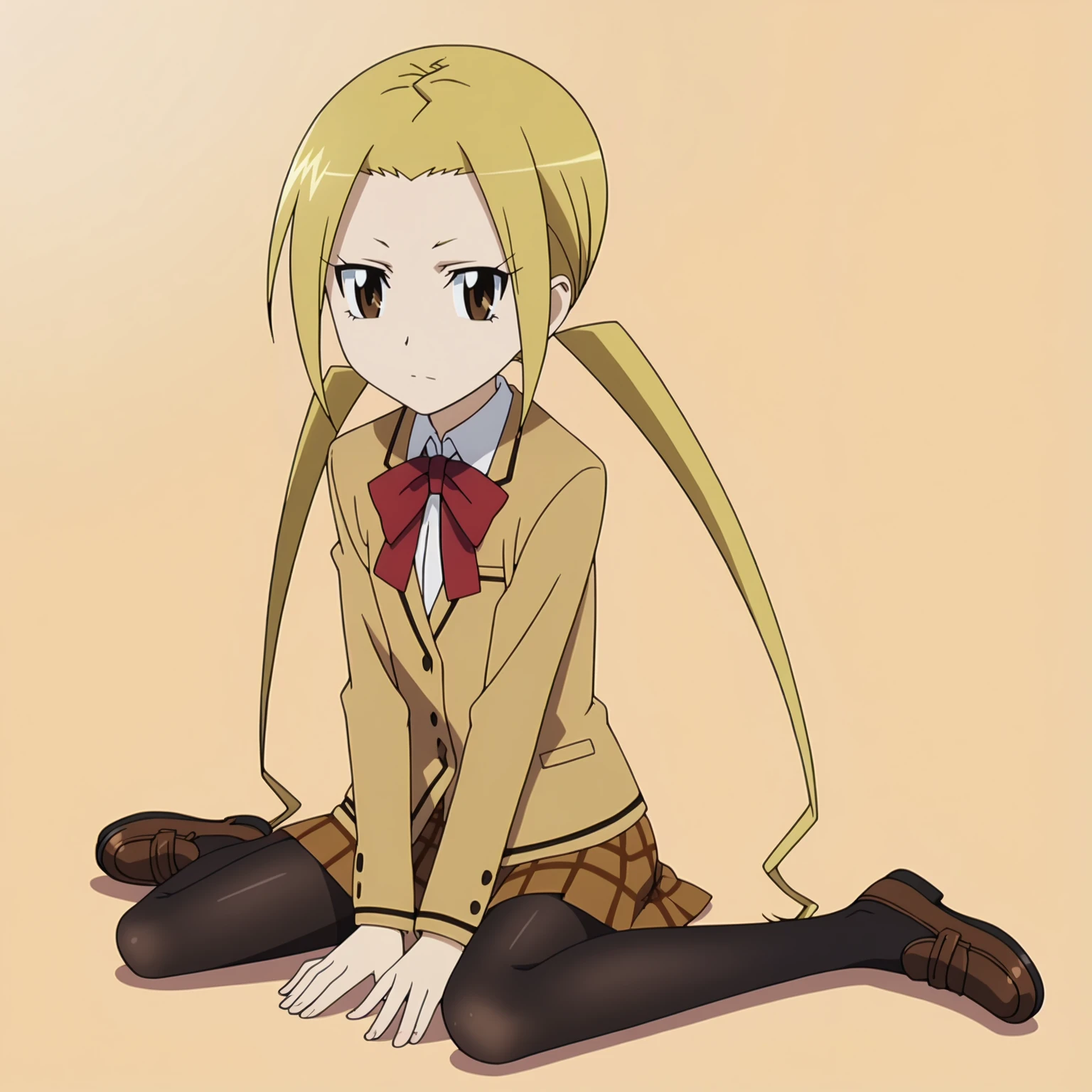 <lora:SuzuHagimuraXLpony001>,
solo,
SuzuHagimura,1girl,blonde hair,twintails,brown eyes,
school_uniform,
plaid skirt,
pantyhose,
full body,sitting,