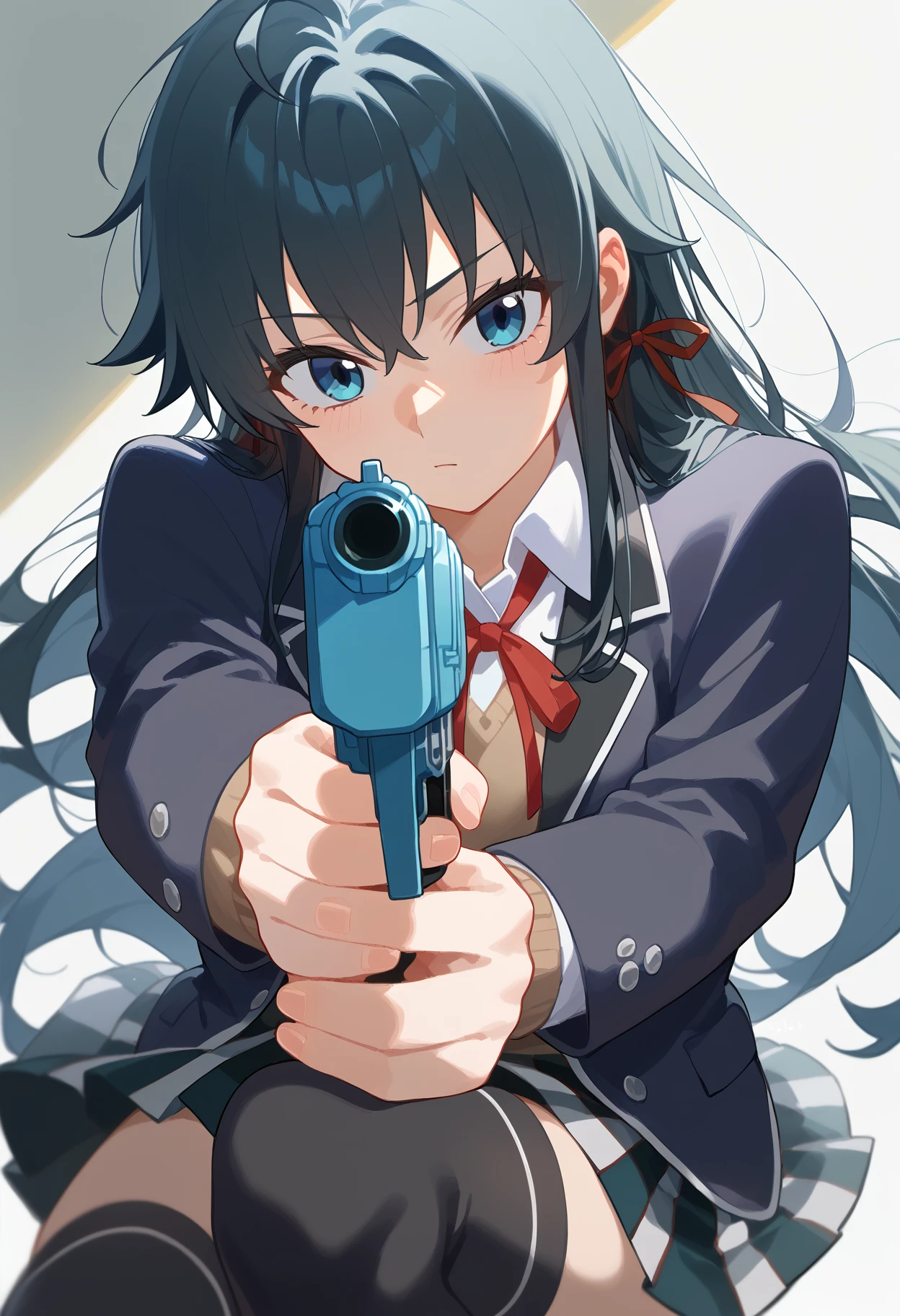 score_9, score_8_up, score_7_up, source anime, source anime, yukinoshita yukino, 1girl, black hair, black jacket, black thighhighs, blazer, blue eyes, brown cardigan, hair ribbon, long hair, long sleeves, looking at viewer, neck ribbon, plaid skirt, red ribbon, sobu high school uniform, solo, white shirt, holding gun, aiming, aiming at viewer, finger on trigger, <lora:aim-xl-pony-v3-000016:1>, <lora:cw_all-xl-pony-v1:1>, <lora:naip33:1>,
