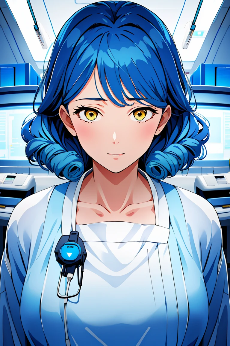 (RAW photo, best quality), operating room, overhead surgical light,blurred background, focused, dithering,backlighting,
 <lora:Mitsuwa_Shirai_V1.0-000005:0.8> mitsuwa shirai, 1girl, solo, mature female,blue hair,yellow eyes,