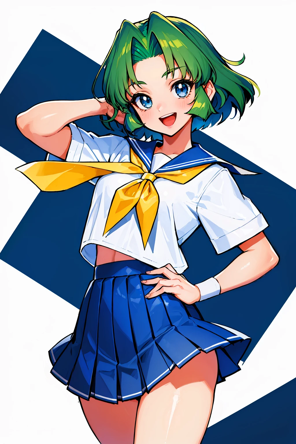 (masterpiece, best quality:1.2), 1girl, solo, toshinden_ellis, cowboy shot, serahuku, school uniform, blue mini skirt, yellow neckerchief, shoes, green hair, parted bangs, short hair, blue eyes, looking at you, smile, open mouth, white background, <lora:toshinden_ellis:0.8>