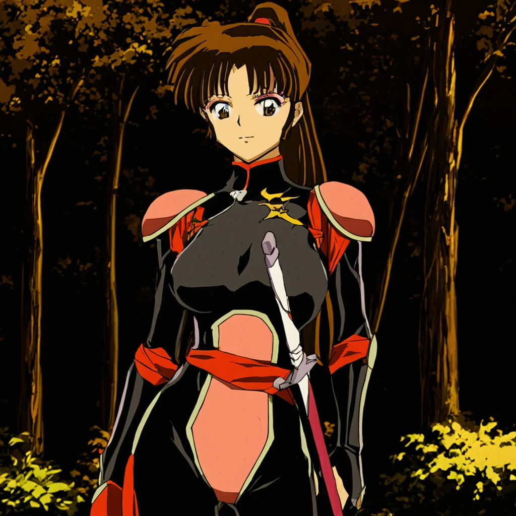 <lora:SangoA:1> 1girl, solo, long hair, ponytail, brown hair, brown eyes, bangs, makeup, nature, bodysuit, armor, sword, tree, looking at viewer, 1990s (style), retro artstyle, anime coloring