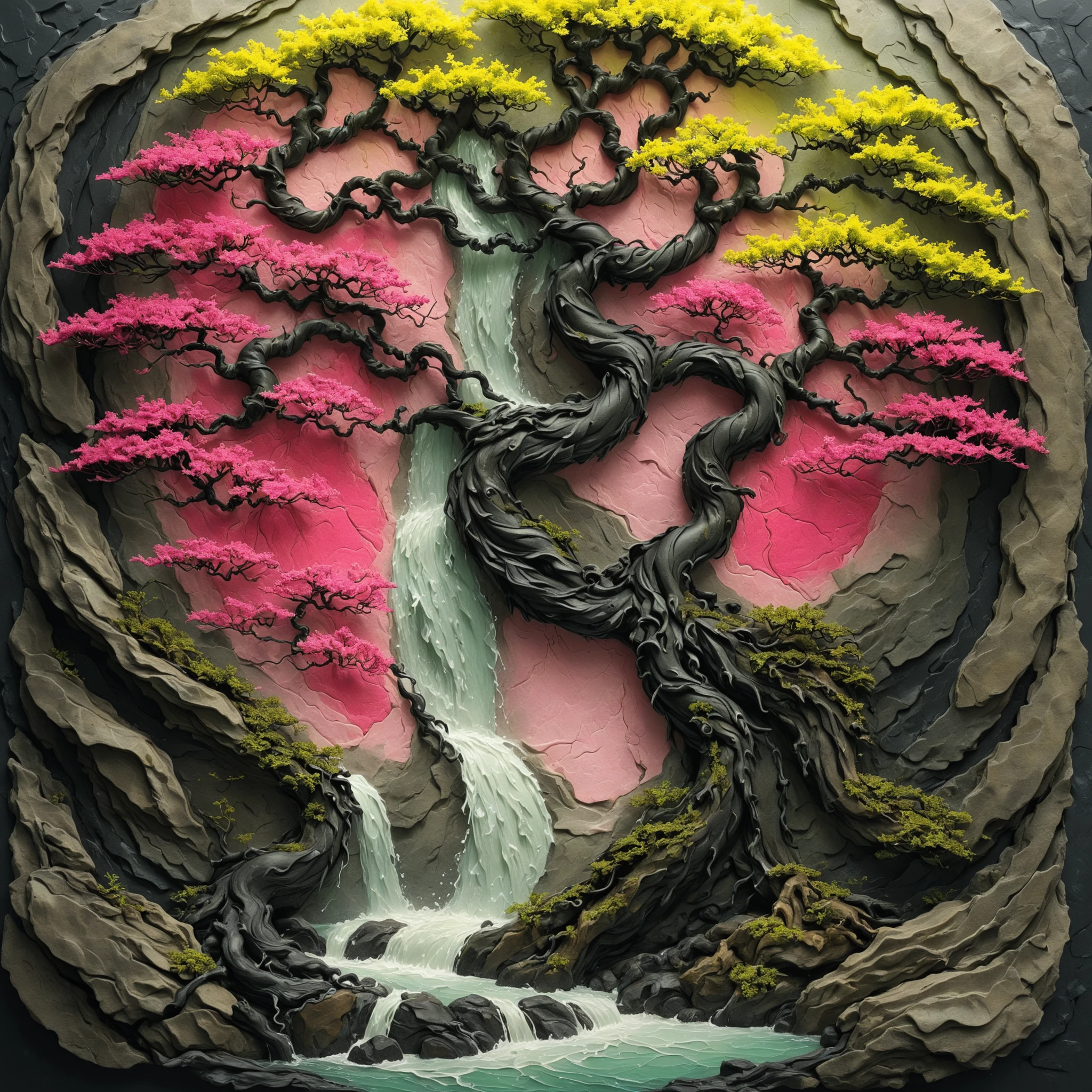 <lora:artfullyTREETTREET_SDXL_V1:1>,arttrttrt, no humans, waterfall, imaginary landscape, bonsai landscape, trunk is detailed, trunk is hot pink, black ,and quartz, leaves are chartreus, sun  is yellow, in the style of carved relief, embossing, encaustic, papercraft