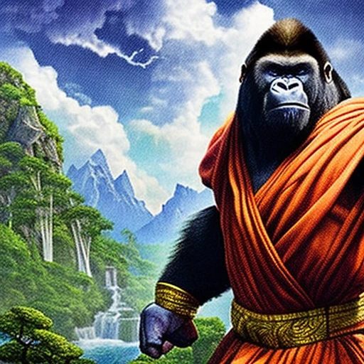 (harambe:1.1), simian champion of tarkir, by magali villeneuve, legendary planeswalker - ape (monk:1.2), white, blue, red, wur, (jeskai:1.2), khans of tarkir, ktk, planeswalker harambe training with the jeskai, in a (monastery:1.2), in the mountains, wearing robes, martial arts, beautiful composition, extremely detailed, intricate details, masterpiece, best quality,