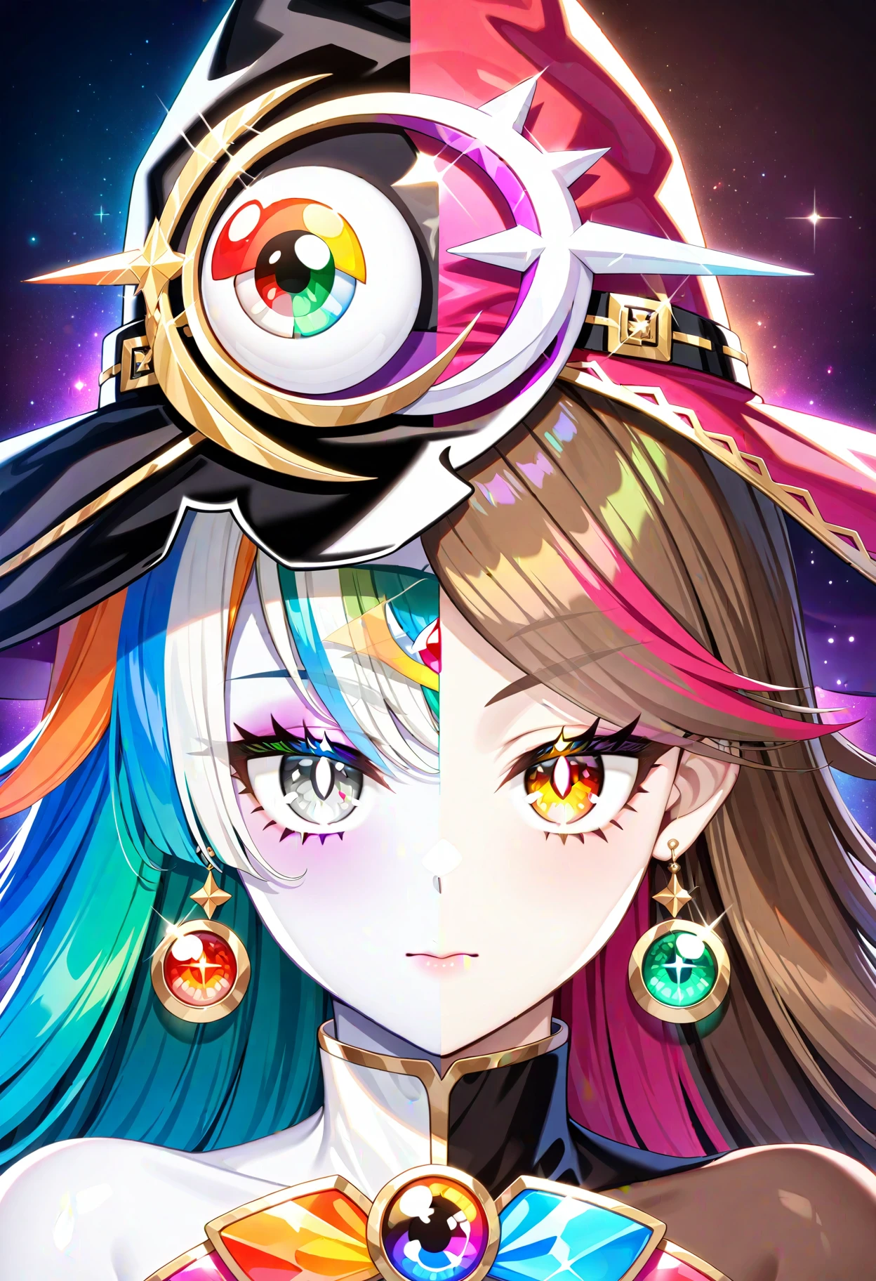 1girl,
jewelry, brooch, green hair, green eyes, looking at viewer, hat, eyeball hat ornament, eyelashes, mismatched pupils, hair between eyes, chest jewel, solo, closed mouth, grey eyes, peaked cap, sidelocks, straight-on, single sidelock, earrings, split theme, brown hair, streaked hair, soul gem, multicolored hair, dark background, witch hat, pale skin, black hat, asymmetrical bangs, long hair, magical girl, orange eyes, blue hair, long bangs, eyes visible through hair, curly hair, heterochromia, tsurime,
masterpiece, best quality, newest, safe