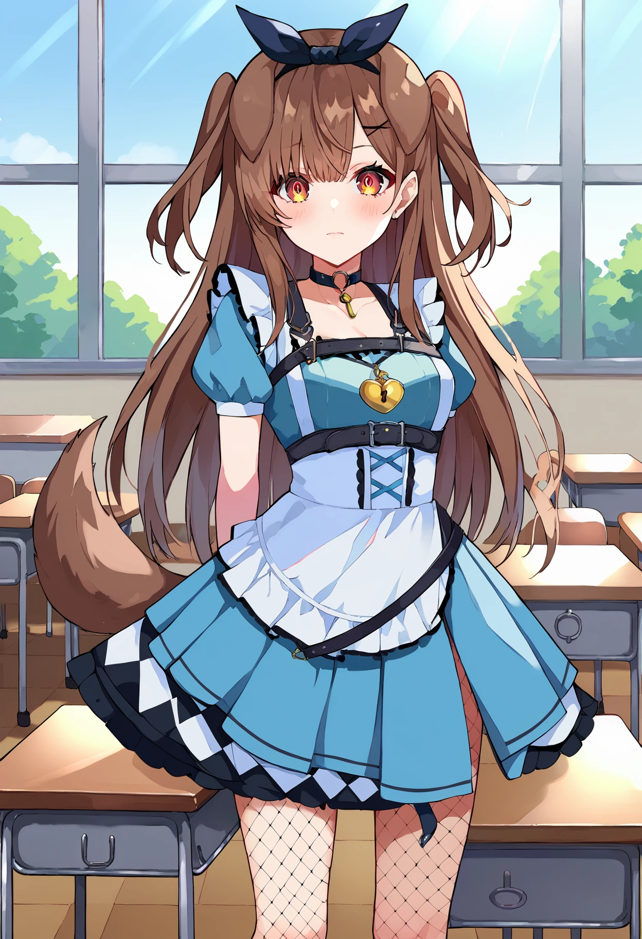 score_9, score_7_up, uncensored, source_anime, 1girl, <lora:spramdayoStyleXLPony:1> by ramdayo, multicolored hair, multicolored eyes, <lora:koroneXL:1> korone_wonderland, blue dress, puffy short sleeves, white apron, bow hairband, two side up, hairclip, jewelry, choker, fishnet thighhighs, dog tail, bell, classroom, desk, foreshortening, heart, school desk, soles, window, arm behind back, closed mouth, solo, standing, :<