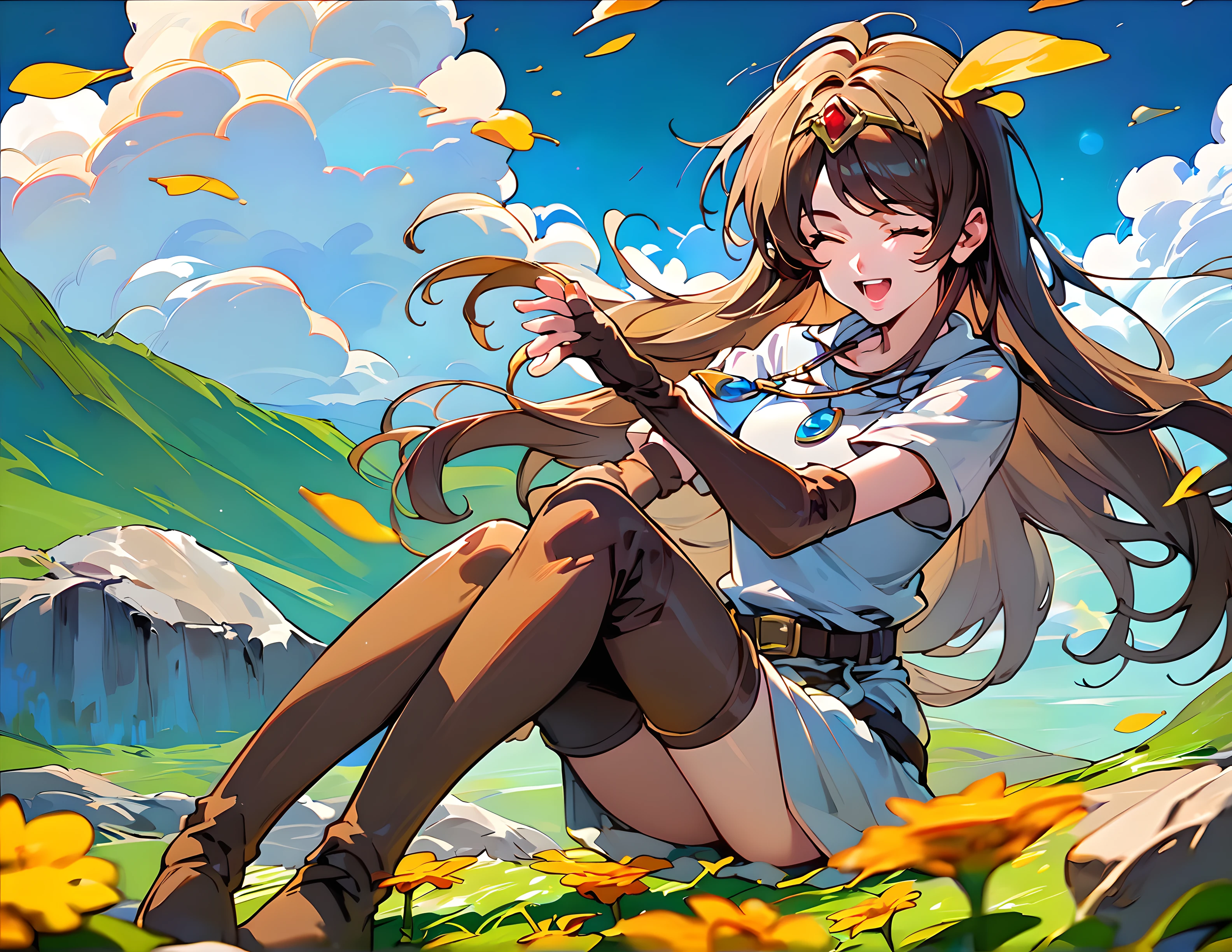 <lora:pony_xl_ki:0.8>,ki,score_9,score_8_up,score_7_up,source_anime,1girl,solo,short dress,short sleeves,brown gloves,elbow gloves,fingerless gloves,belt,thigh boots,brown thighhighs,blue necklace,nature,flower field,blue sky,horizon,hair fluttering in the wind,kneeling,knees_together_feet_apart,laughing,rim light,lens_flare,landscape,