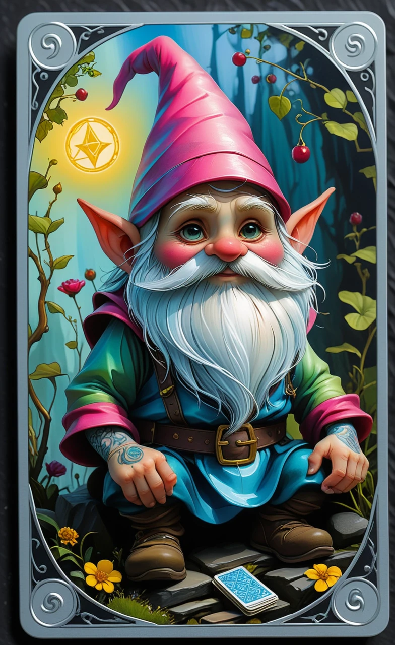 <lora:artfullyONEHUNDRED_SDXL_V1:.7>, art100th,
Concept race: gnome In the style of tarot, plastic card, foiled with reflective metal, Inked by hand, all colors holographic except black. Movement causes the card to change appearances.