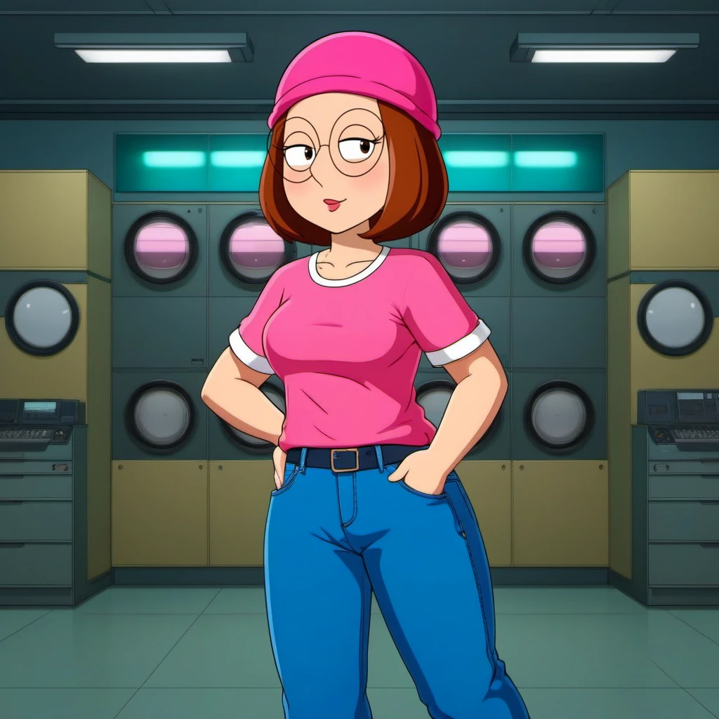 anime artwork a cartoon woman, brown hair, glasses, pink shirt, jeans pants, beanie<lora:Meg1024:0.8> . anime style, key visual, vibrant, studio anime,  highly detailed