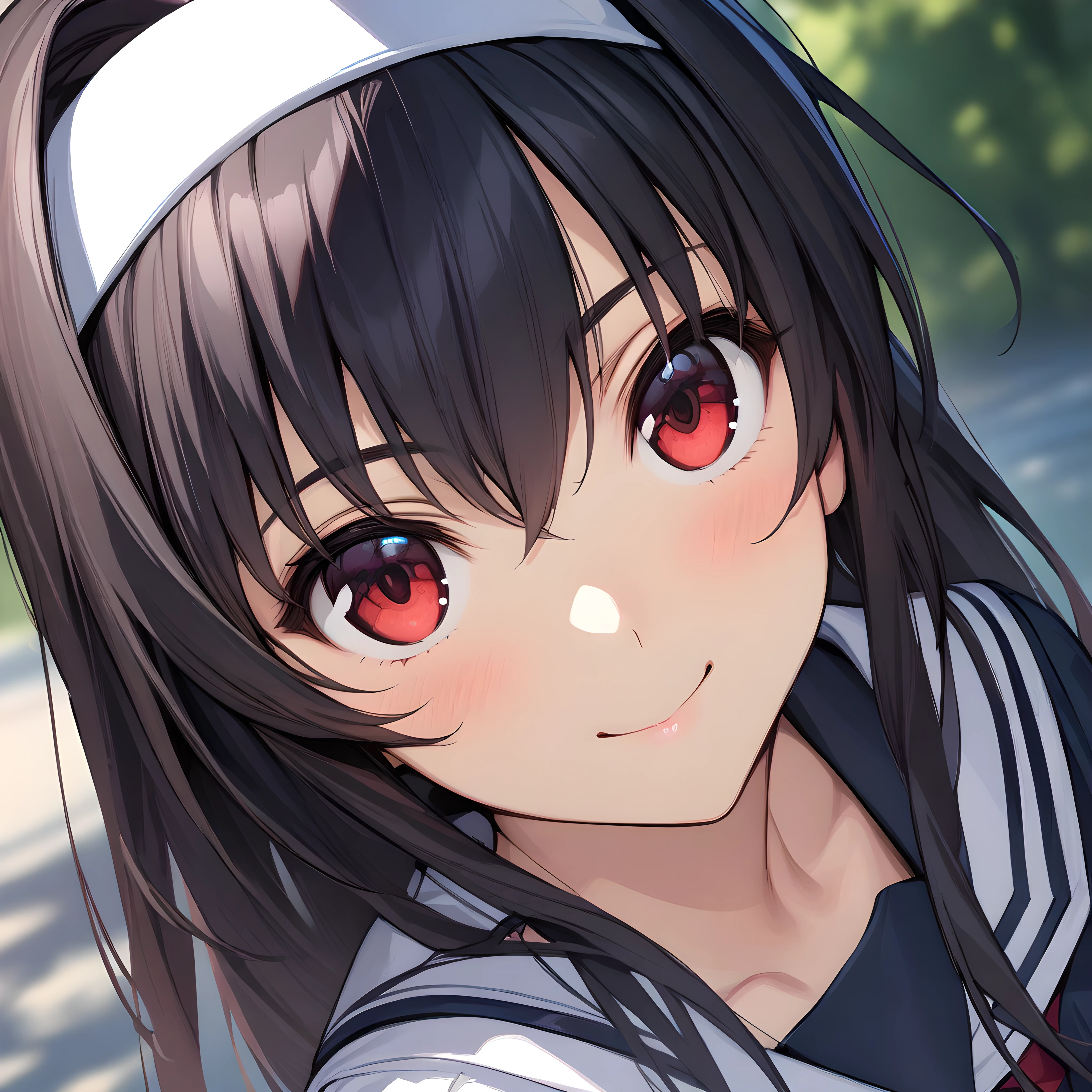 (masterpiece),(best quality),(ultra-detailed),(best illustration),(best shadow),(absurdres),(detailed background),(very aesthetic), 1girl, solo,  kasumigaoka utaha, black hair, hairband, red eyes, long eyes, breasts, smile, portrait, very close-up, school uniform, <lora:XL-KasumigaokaUtahav1:1>