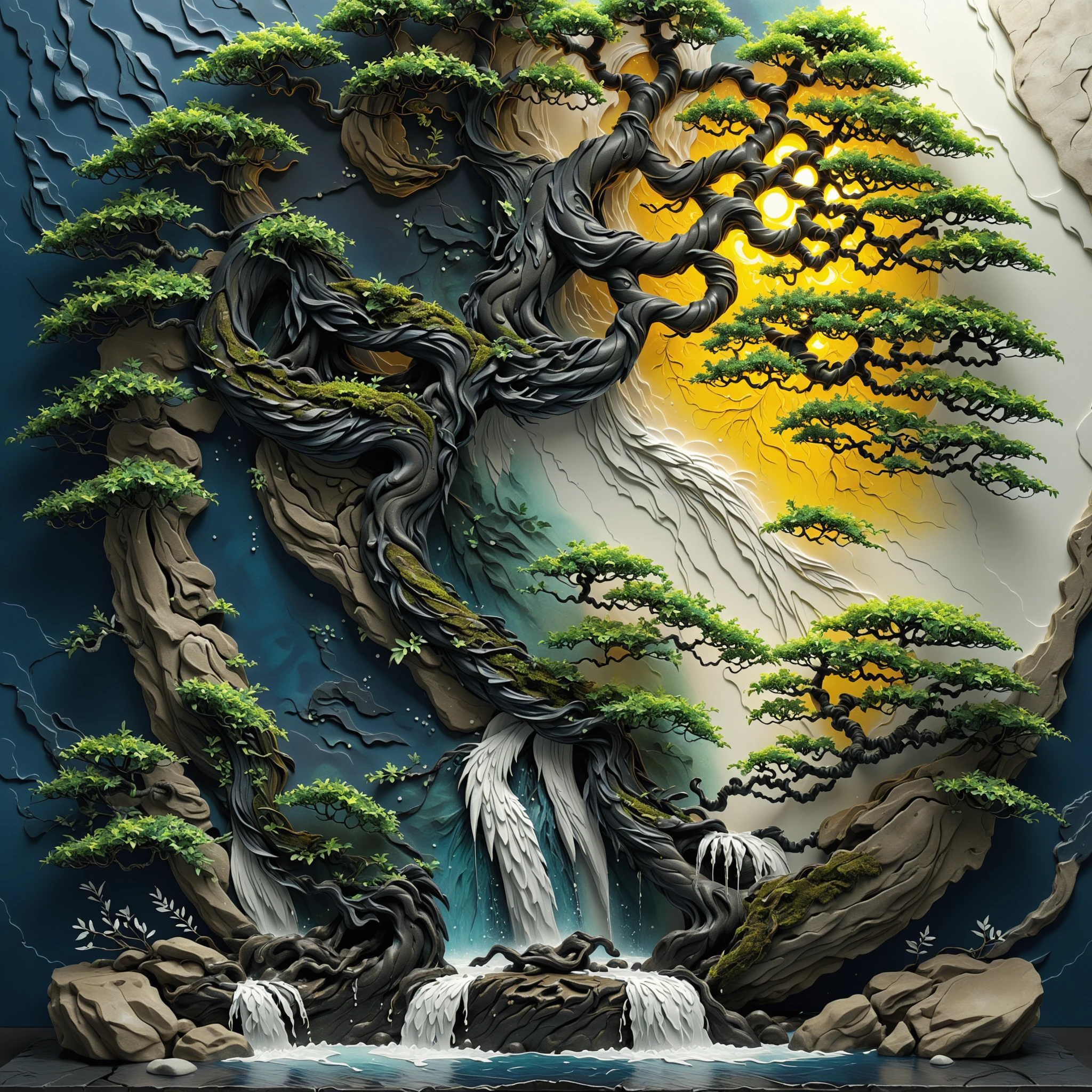 <lora:artfullyTREETTREET_SDXL_V1:1>,arttrttrt, 3d, octane render, masterpiece, intricately detailed, cobalt and navy accents, no humans, incredible waterfall, imaginary landscape, bonsai landscape, trunk is detailed, trunk is white and  black ,and quartz, leaves are chartreus with accents of fuchia, sun  is glowing, in the style of carved relief, embossing, encaustic, papercraft