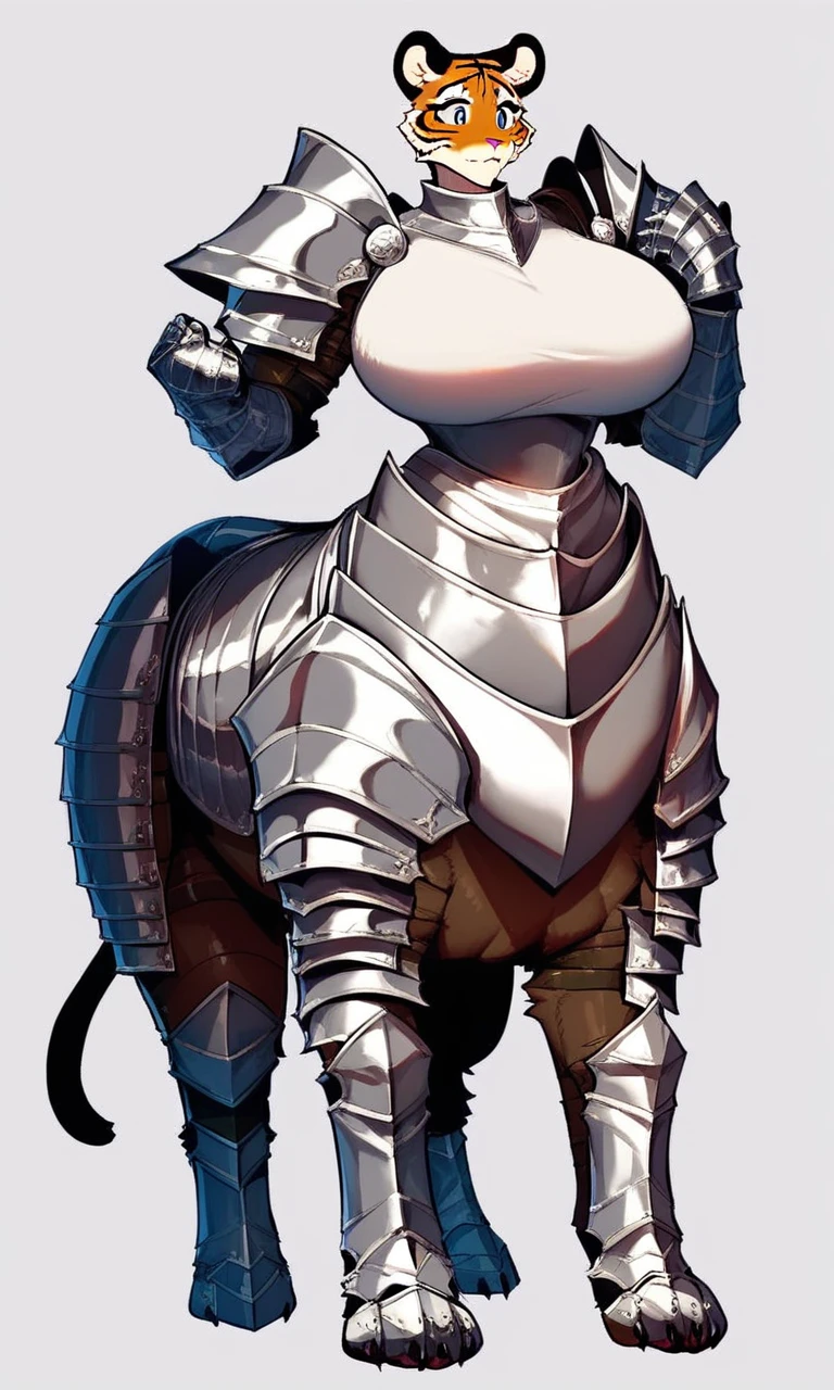 score_9, score_8_up, score_7_up, source_furry,
2d, solo, 1girl, armored female tiger taur with massive breasts thick thighs and wide hips, furry, taur, quadruped, paws, fur tuft, simple background,
heavily armored, Female_knight, knight, knight_armor, armor, black_armor, dark_armor, heavy_armor, shoulder armor, arm armor, leg armor, armored dress, armored boots,
<lora:ArmoredFur - Taur v1_epoch_10:0.8>