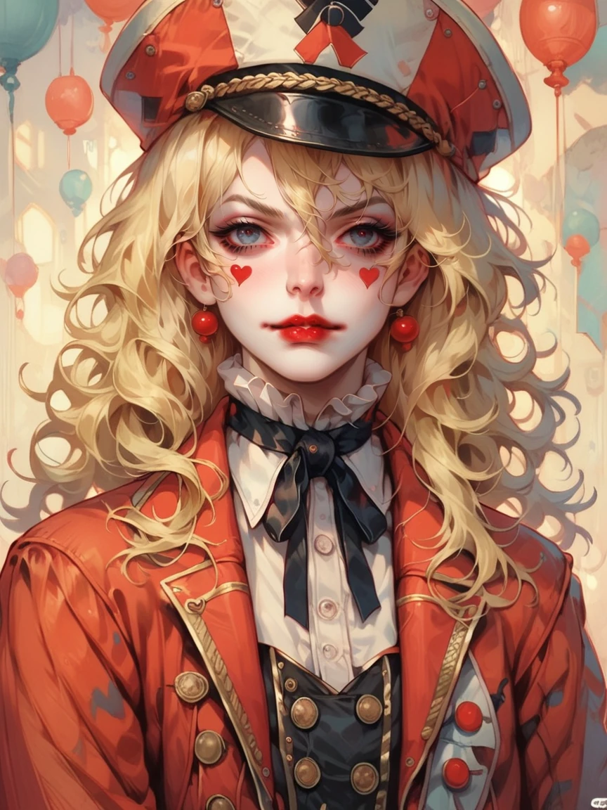 score_9, score_8_up, score_7_up, score_6_up, 1girl, <lora:ringmaster:0.7> shorts, hud_rngmstr, 1girl, jacket, buttons, neck ribbon, long sleeves, red jacket, lipstick, long hair, blonde hair, pantyhose, fishnet pantyhose, makeup <lora:c1rcusstyl3XLP:1> c1rcusstyl3, hat