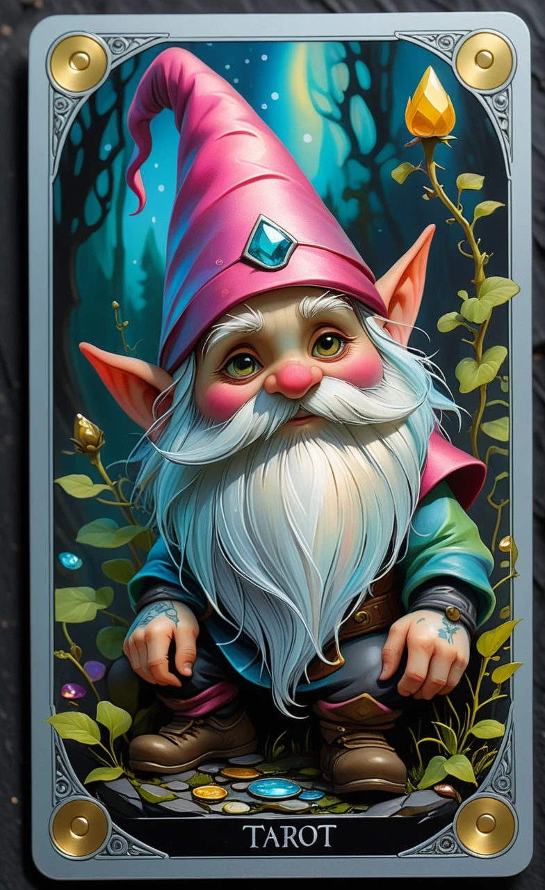 <lora:artfullyONEHUNDRED_SDXL_V1:.7>, art100th,
Concept race: gnome In the style of tarot, plastic card, foiled with reflective metal, Inked by hand, all colors holographic except black. Movement causes the card to change appearances.