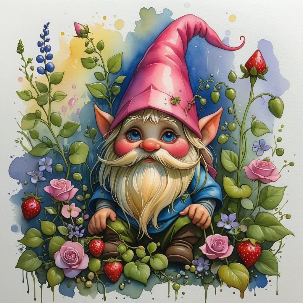 <lora:artfullyONEHUNDRED_SDXL_V1:.7>, art100th,(garden gnome), cottage core, viking lore, recovery, watercolor, monet, strawberries and pea tendrils, sugar snap peas and bleeding heart, pink, cobalt, lilac, yellow, tangerine, pearl, rose quartz