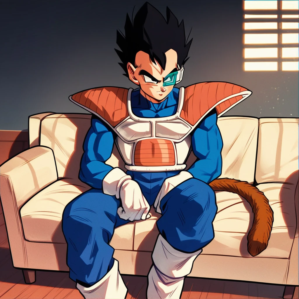 score_9, score_8_up, score_7_up, score_6_up, 1boy, DBZtarble, black hair, saiyan armor, tail, living room, sitting on couch,