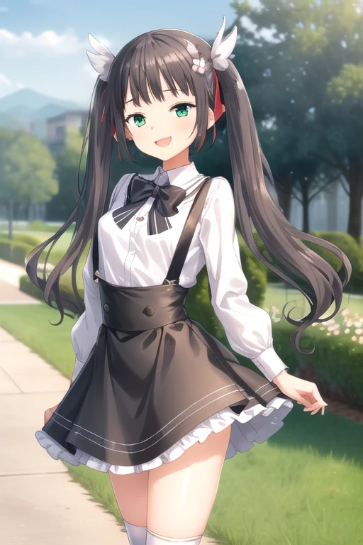 ((masterpiece)),(best quality),official art,extremely delicate and beautiful,extremely detailed CG,unity 8k wallpaper,ultra detailed,beautiful detailed eyes,extremely detailed face,outdoors,1girl,solo,cowboy shot,looking at viewer,facing viewer,smile,(petite:1.2),Komari Azuma,very long hair,black hair,twintails,hair flower,white flower,wing hair ornament,hairclip,sidelocks,blunt bangs,green eyes,school uniform,white sailor collar,black bowtie,white shirt,long sleeves,small breasts,animal bag,miniskirt,black skirt,suspender skirt,frilled skirt,white socks,frilled socks,mary janes,black footwear,<lora:Komari Azuma(sdg2):0.8>,