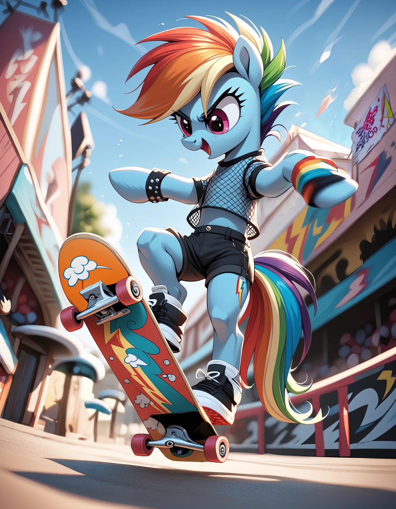 score_9, score_8_up, score_7_up, score_6_up, score_5_up, score_4_up,  
(skateboard:1.2),pony as a skater, full body, rainbow dash,standing, outside, 