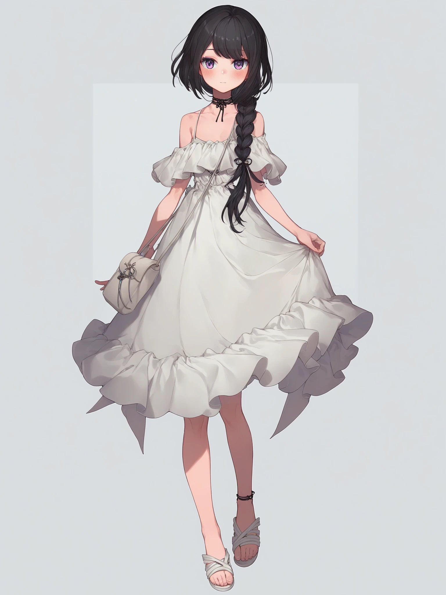 solo,white dress,off-shoulder dress,frilled dress,black hair,braid,white background,full body,purple eyes,long hair,simple background,white footwear,choker,bangs,standing,single braid,blush,sandals,bare shoulders,closed mouth,virtual youtuber,black choker,braided ponytail,shoulder bag,ribbon choker,spaghetti strap,toes,<lora:MIKifn:0.9>,(score_9,score_8_up,score_7_up,),