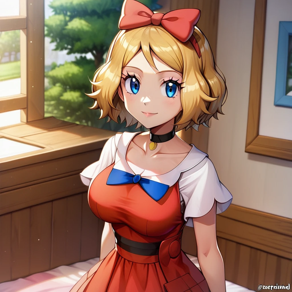 masterpiece, best quality, 1girl,serena \(pokemon\), short hair, blonde hair, blue eyes, eyelashes, black choker, hair bow, dress, collarbone, large breasts, smile, looking at viewer, solo, indoors, bedroom background