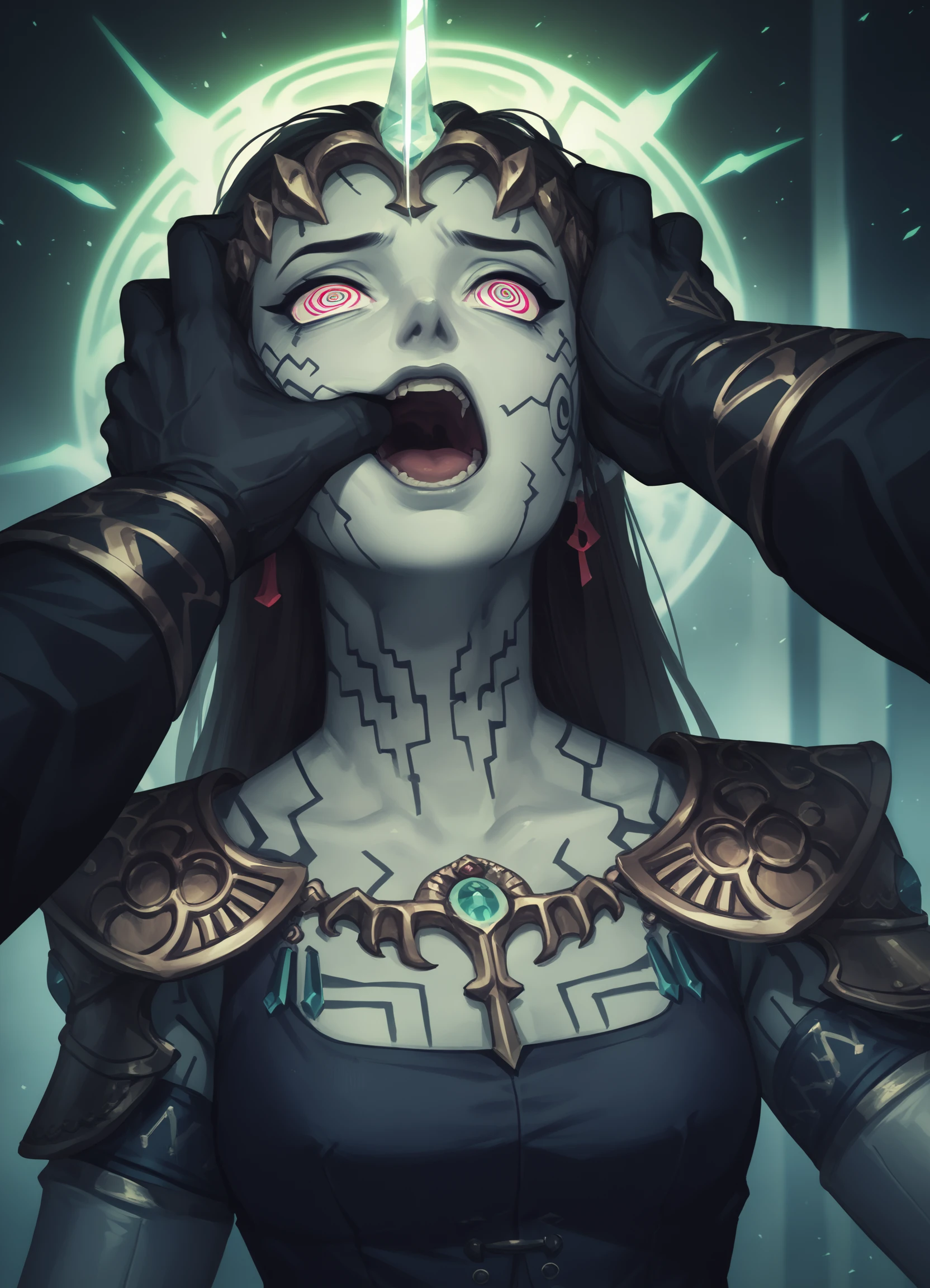 score_9, score_8_up, score_7_up, score_6_up, pptzlda, 1girl, markings, grey skin, mind control, corruption, magic, face grab, @ @, black gloves, 1boy, dark energy, head grab,
light particles, masterpiece, best quality,
<lora:tp_puppet_zelda_pptzlda_ponyxl_v1.7.1-000185:0.9>