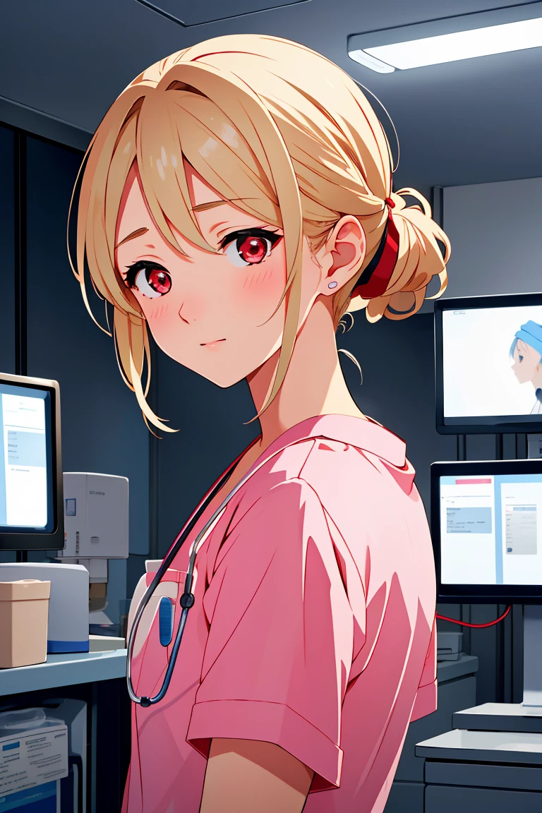 (RAW photo, best quality), operating room, overhead surgical light,blurred background, focused, dithering,backlighting,
 <lora:Sayuri_Brooks_V1.0-000006:0.55> sayuri brooks, 1girl, solo, anime coloring,blonde hair, red eyes, 
 <lora:ClothingMedicalScrubs0:0.9> (scrubs, medical scrubs),