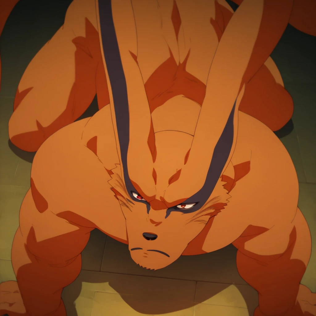 Kurama, kurama the nine tailed fox, kurama from naruto, orange, no fur, vore, vore belly, by lunlunfox, by Masashi Kishimoto, detailed background, konoha village , manga style, swallowing a whole furry person, oral vore, perfect anatomy, swallowing_whole, looking upwards to gulp down, macro, close up view from above 