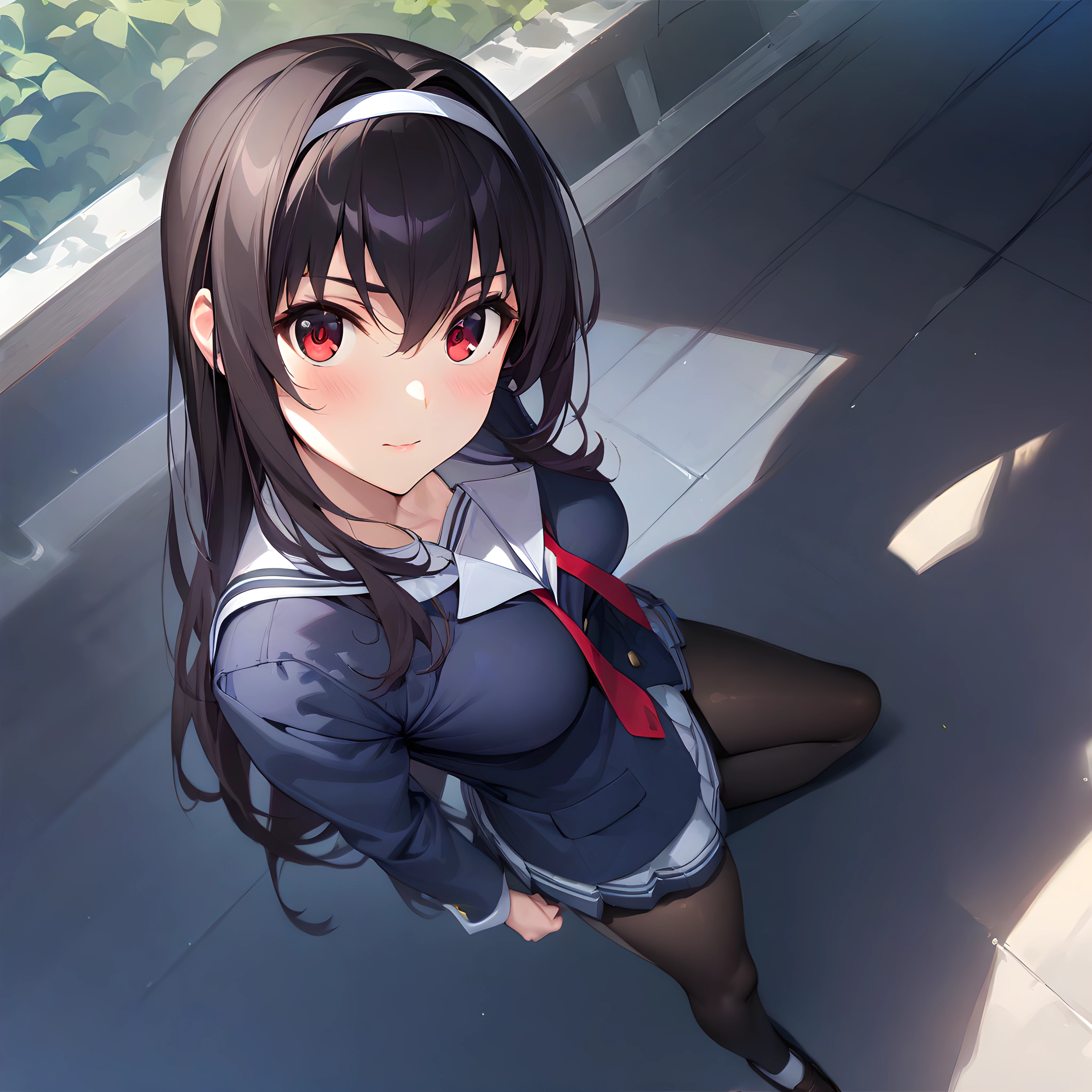 (masterpiece),(best quality),(ultra-detailed),(best illustration),(best shadow),(absurdres),(detailed background),(very aesthetic), 1girl, solo,  kasumigaoka utaha, black hair, hairband, red eyes, long eyes, breasts, school uniform, pleated skirt, black pantyhose, from above, <lora:XL-KasumigaokaUtahav1:1>